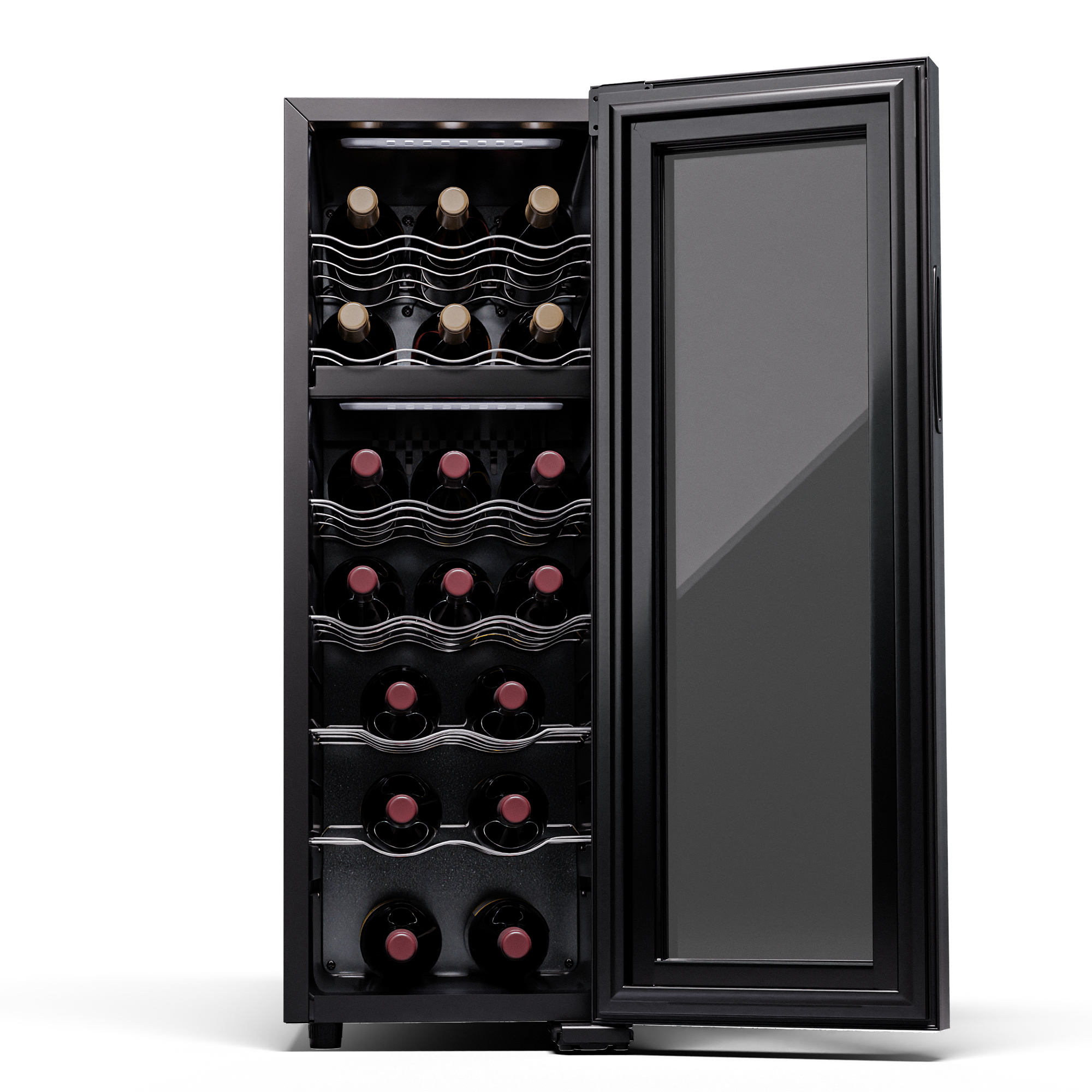 Cantinetta vino nera con porta in vetro che mostra bottiglie di vino. Interno con ripiani in metallo.