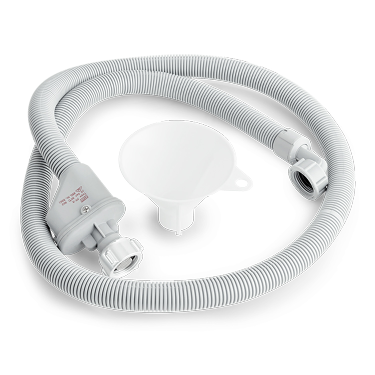 Tubo flessibile bianco, imbuto bianco e connettori su sfondo bianco.