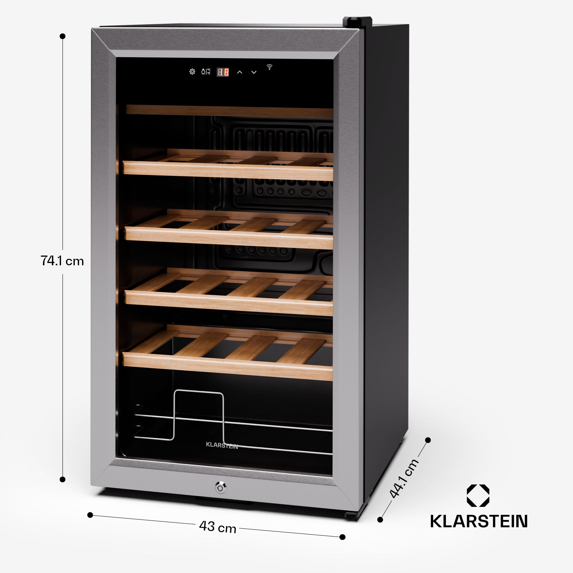 Ein Wein kühler aus Edelstahl und Schwarz mit Glastür, zeigt Regale und Abmessungen.