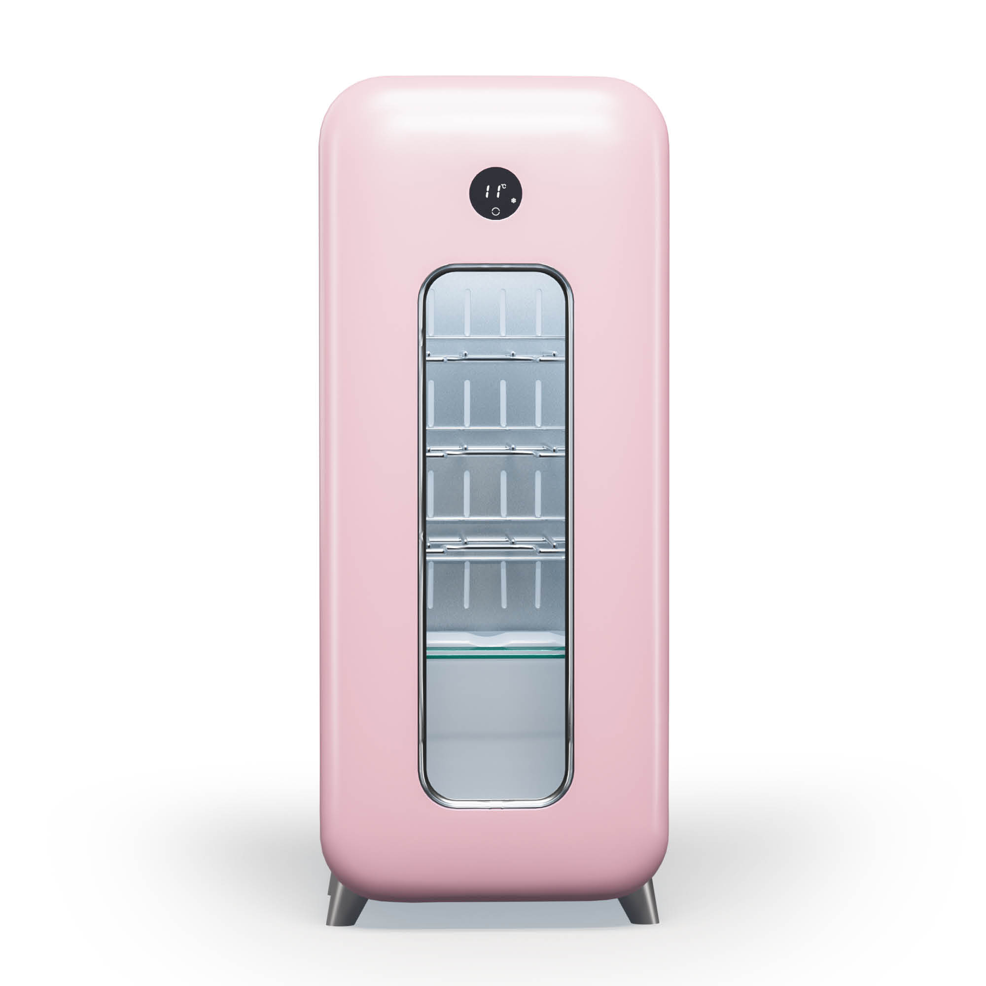 Pinkfarbener Mini-Kühlschrank mit Glastür, die Regale zeigt, auf weißem Hintergrund.
