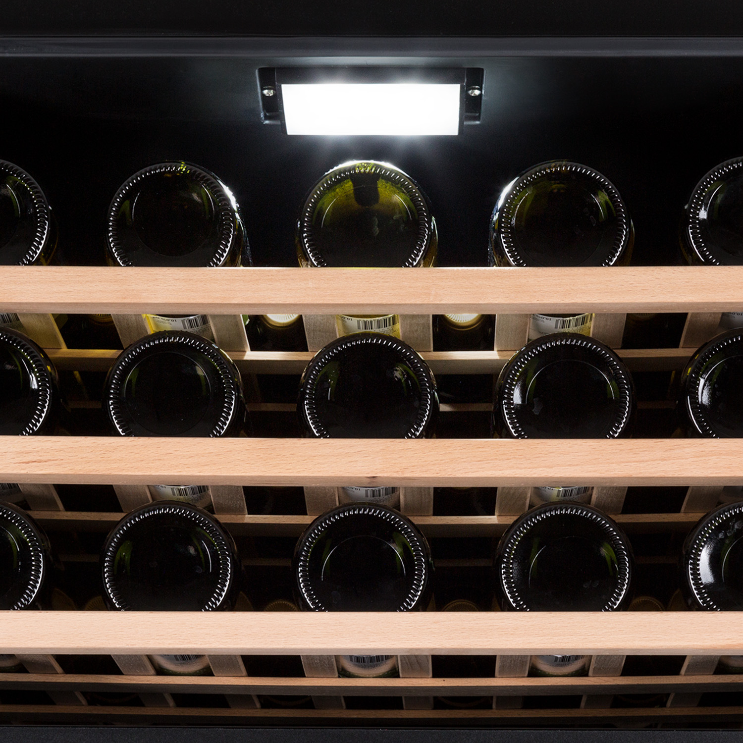 Primo piano di bottiglie di vino all'interno di un frigorifero, illuminate da una luce. Ripiani in legno visibili.