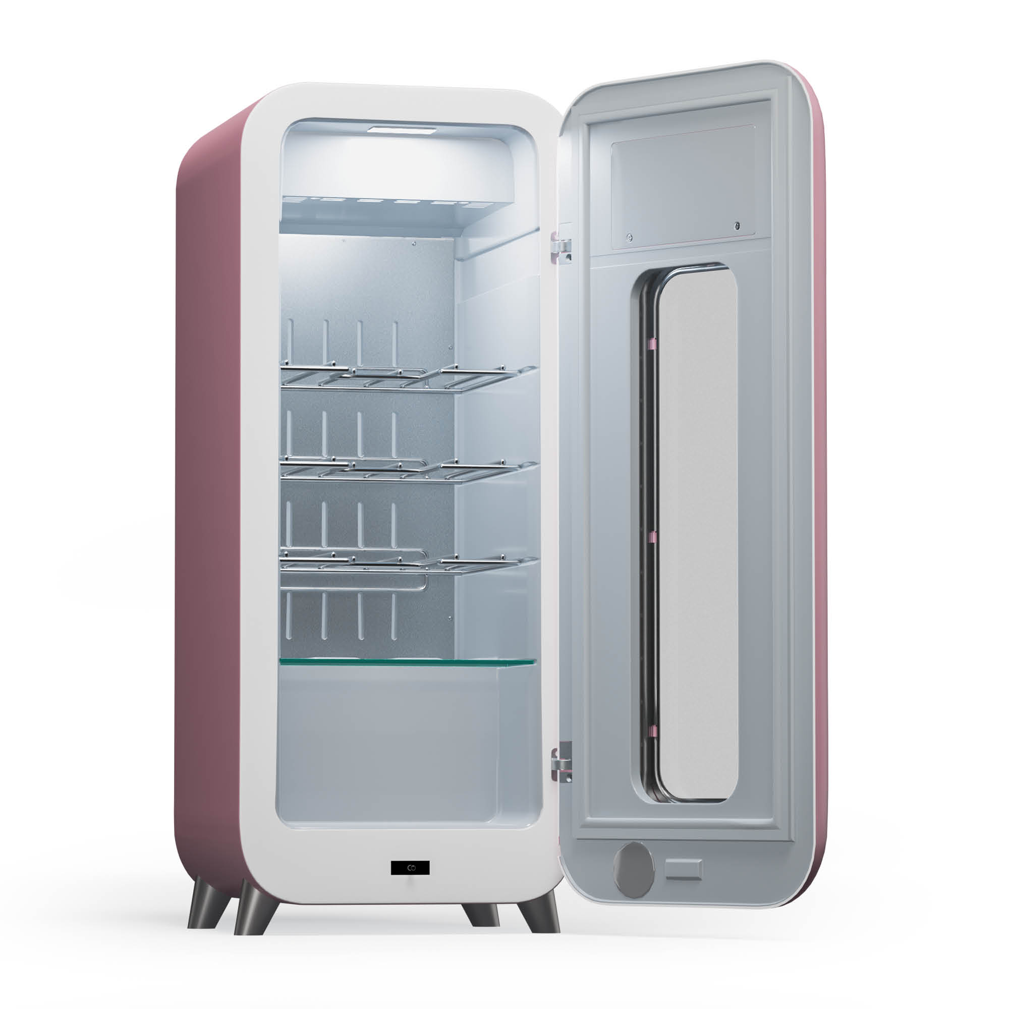 Rosa Mini-Kühlschrank im Retro-Stil mit offener Tür. Innenraum mit Regalen und kleinem Licht. Weißer Hintergrund.