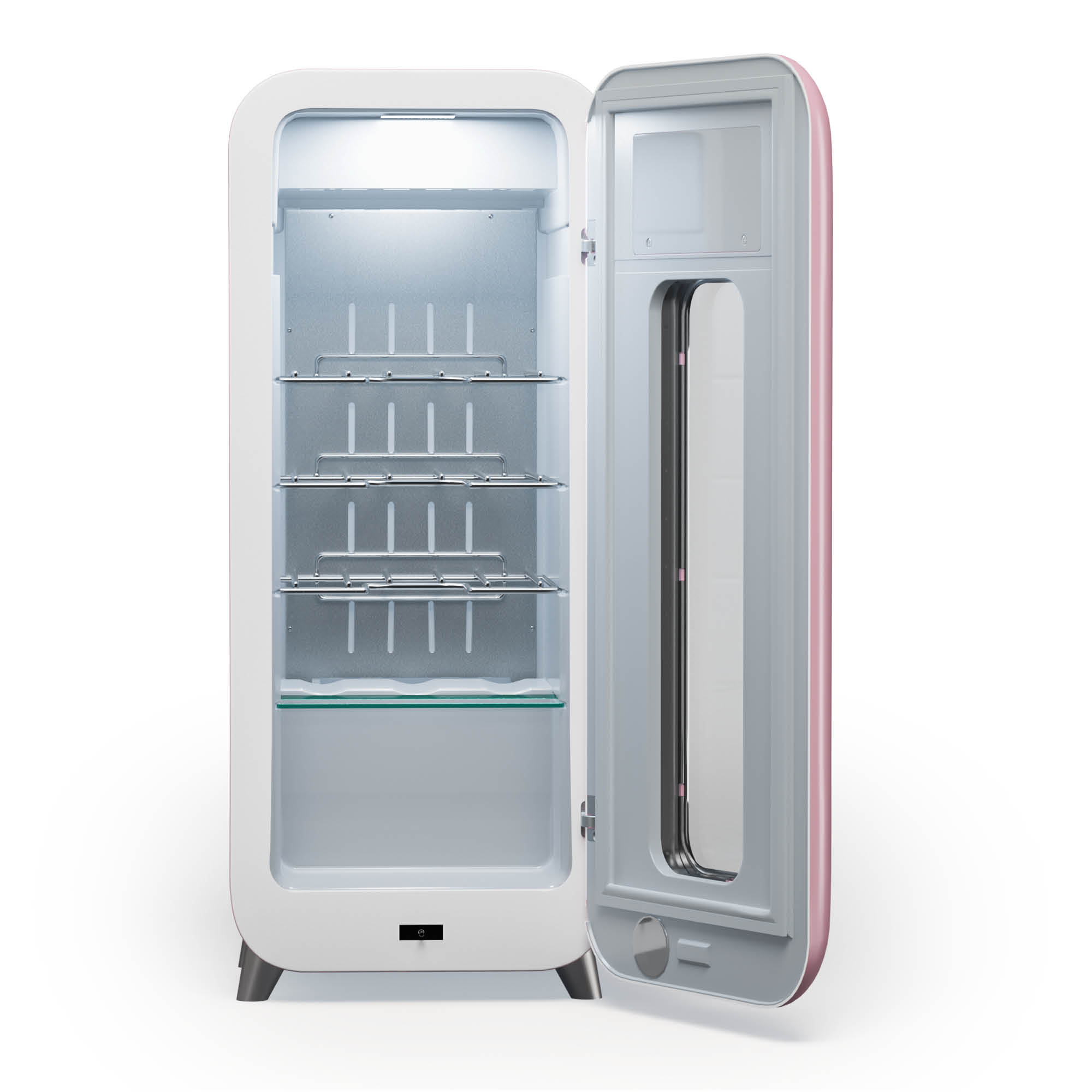 Ein weißer Minikühlschrank mit rosa Tür. Die Tür ist geöffnet und gibt Regale und Innenraum frei.