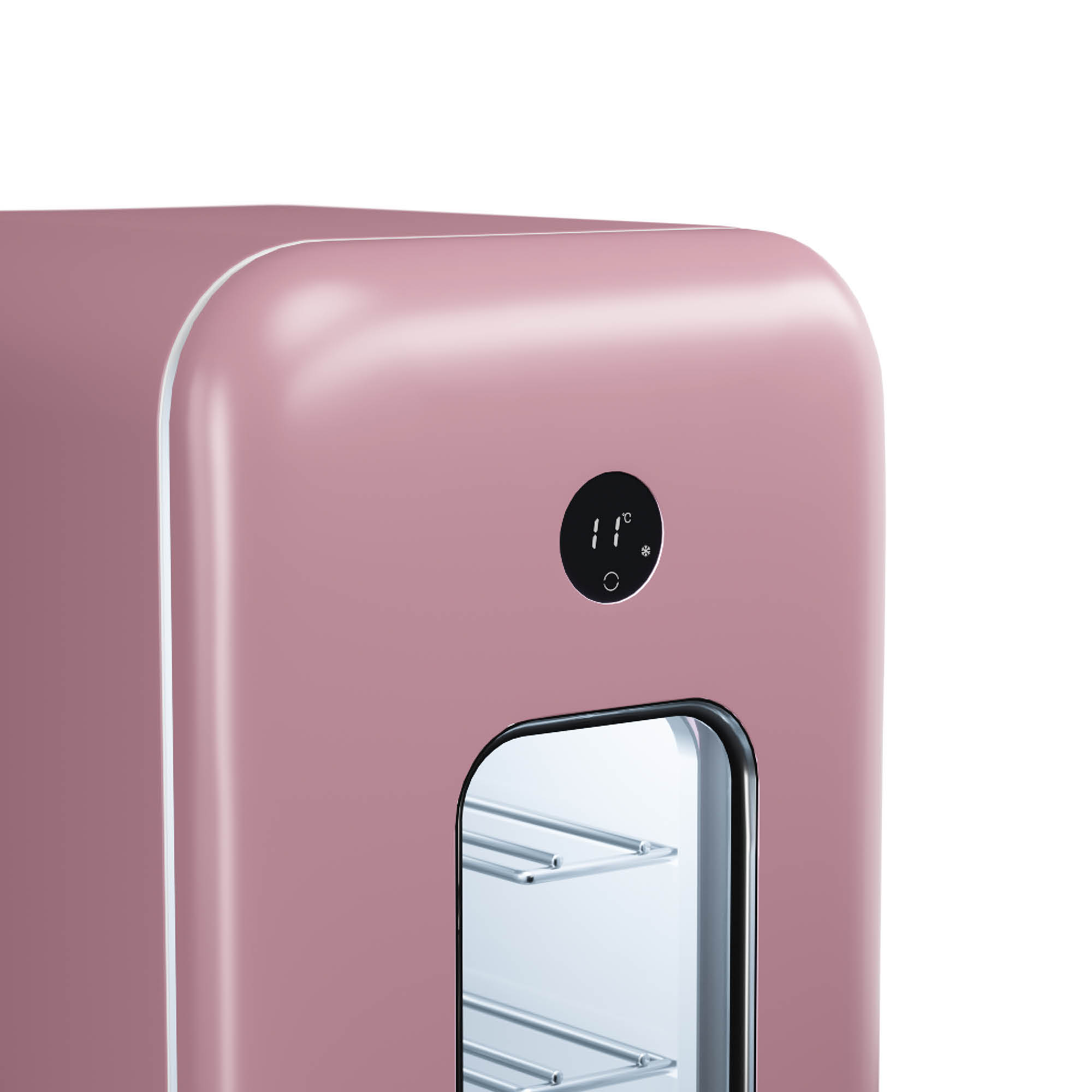 Ein rosa Mini-Kühlschrank mit digitaler Anzeige, die 11 Grad Celsius anzeigt.