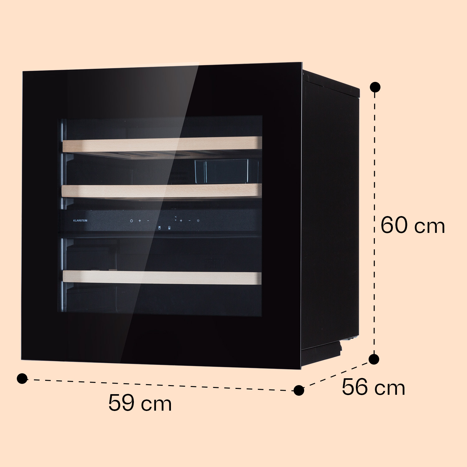 Schwarzer Weinkühler, Abmessungen: 59 cm breit, 60 cm hoch und 56 cm tief, mit Glastür.