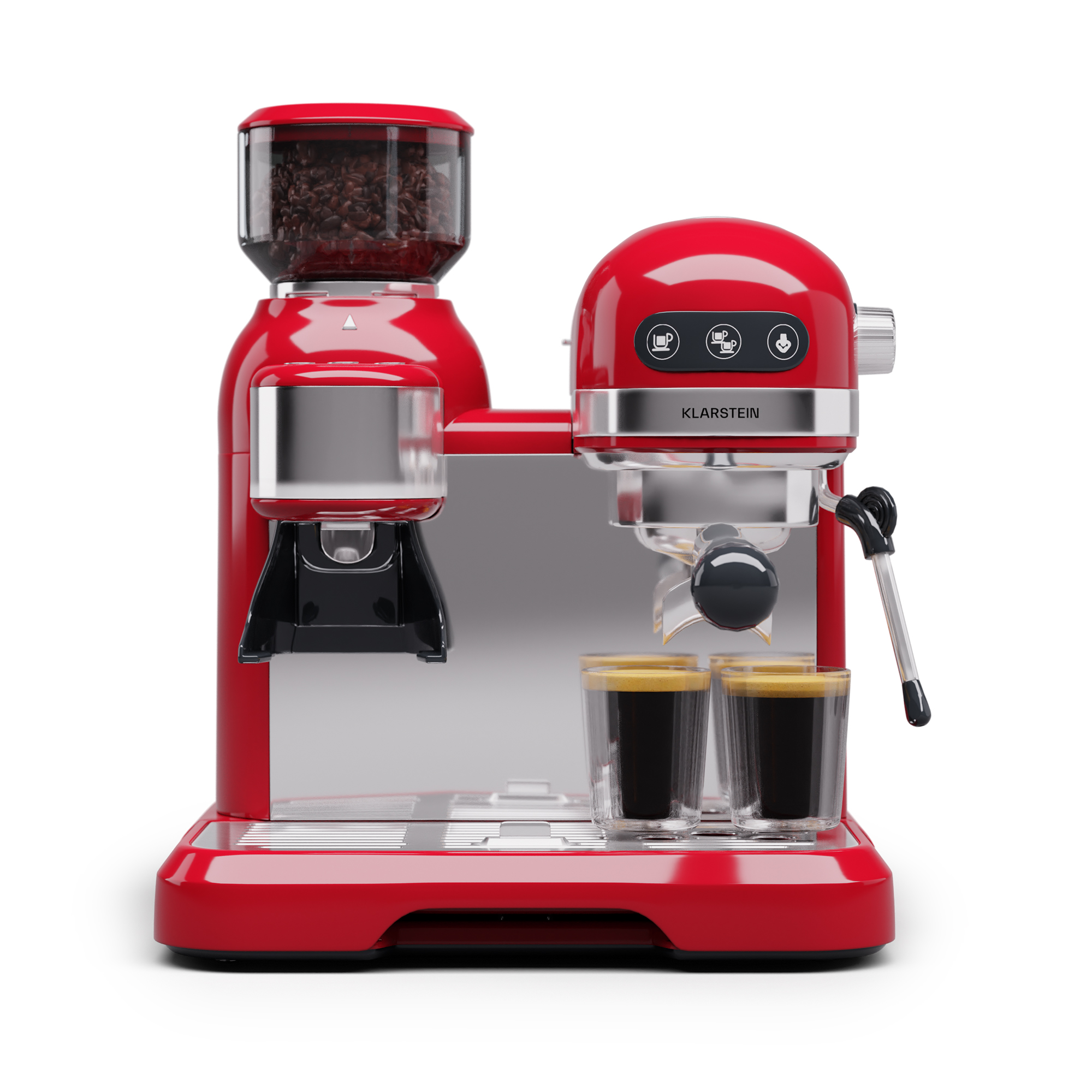 Máquina de espresso roja con molinillo de granos, dos vasos y controles arriba.