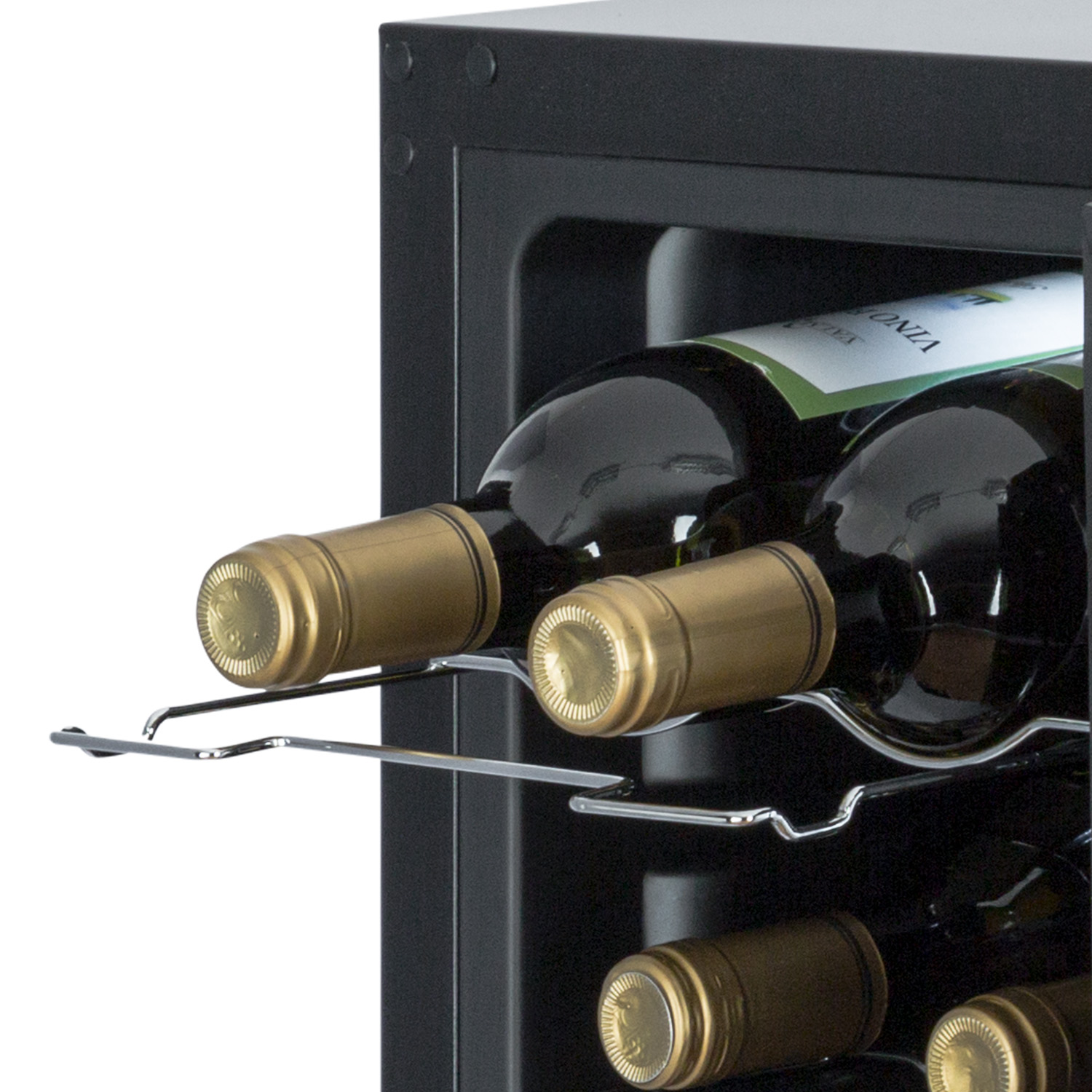 Un piccolo refrigeratore per vino con diverse bottiglie di vino all'interno.