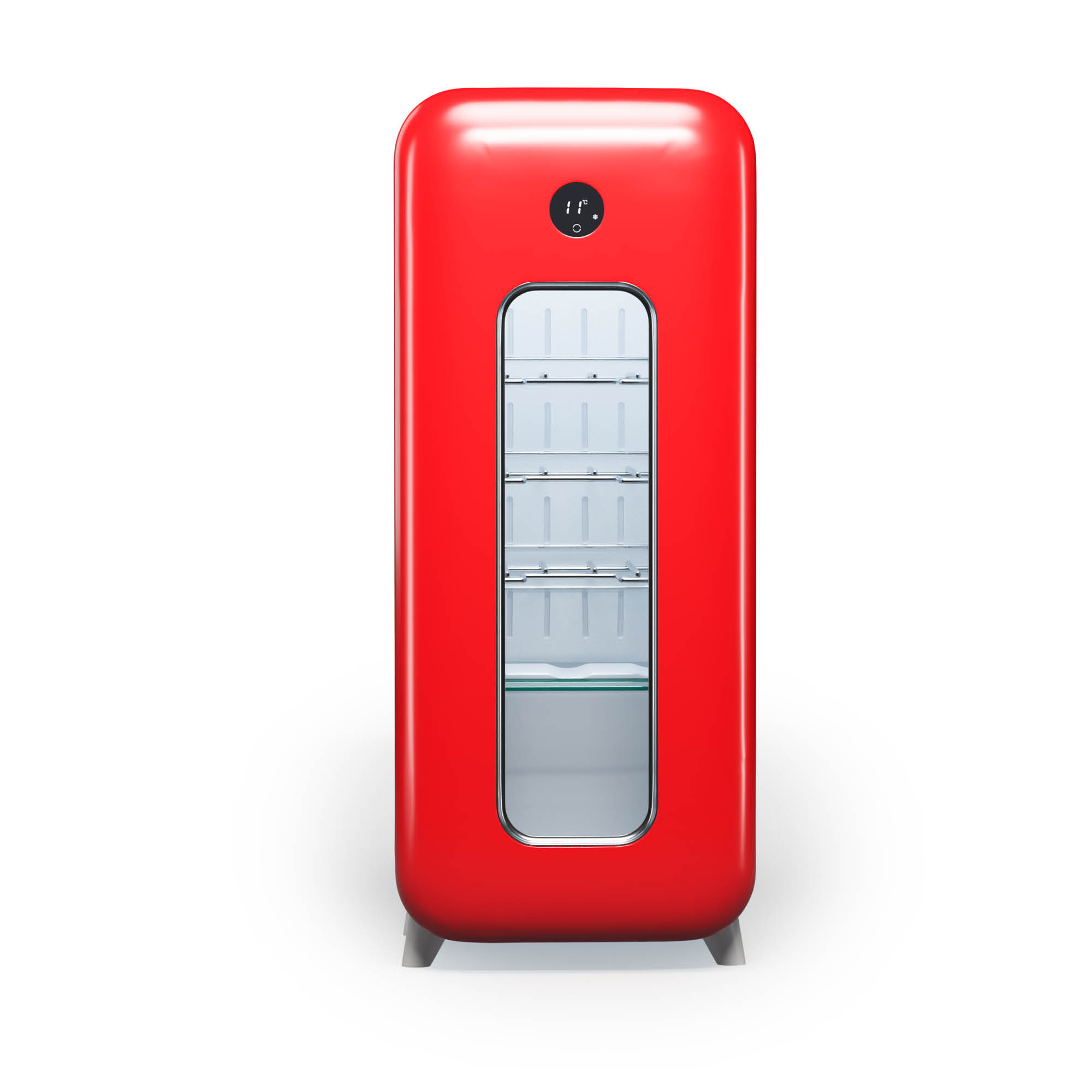 Ein roter Kühlschrank im Retro-Stil mit Glastür und Digitalanzeige.