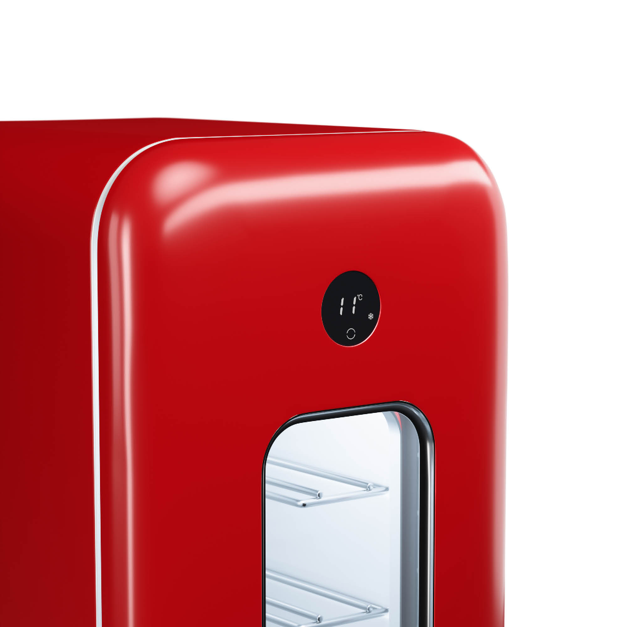 Roter Minikühlschrank. Er hat ein Digitaldisplay und eine Glastür.
