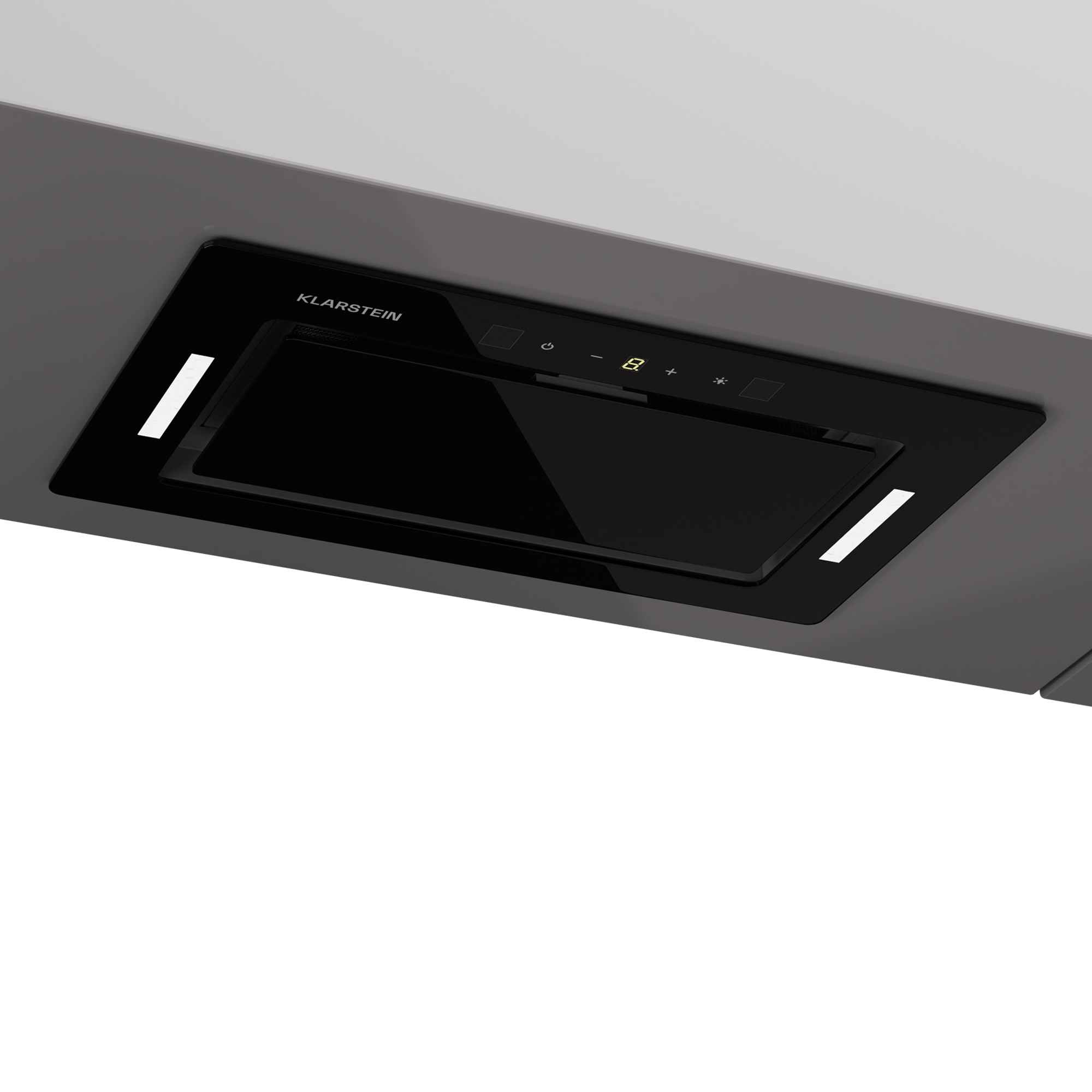 Cappa Klarstein nera, montata a soffitto. Pannello in vetro con comandi touch e luci.