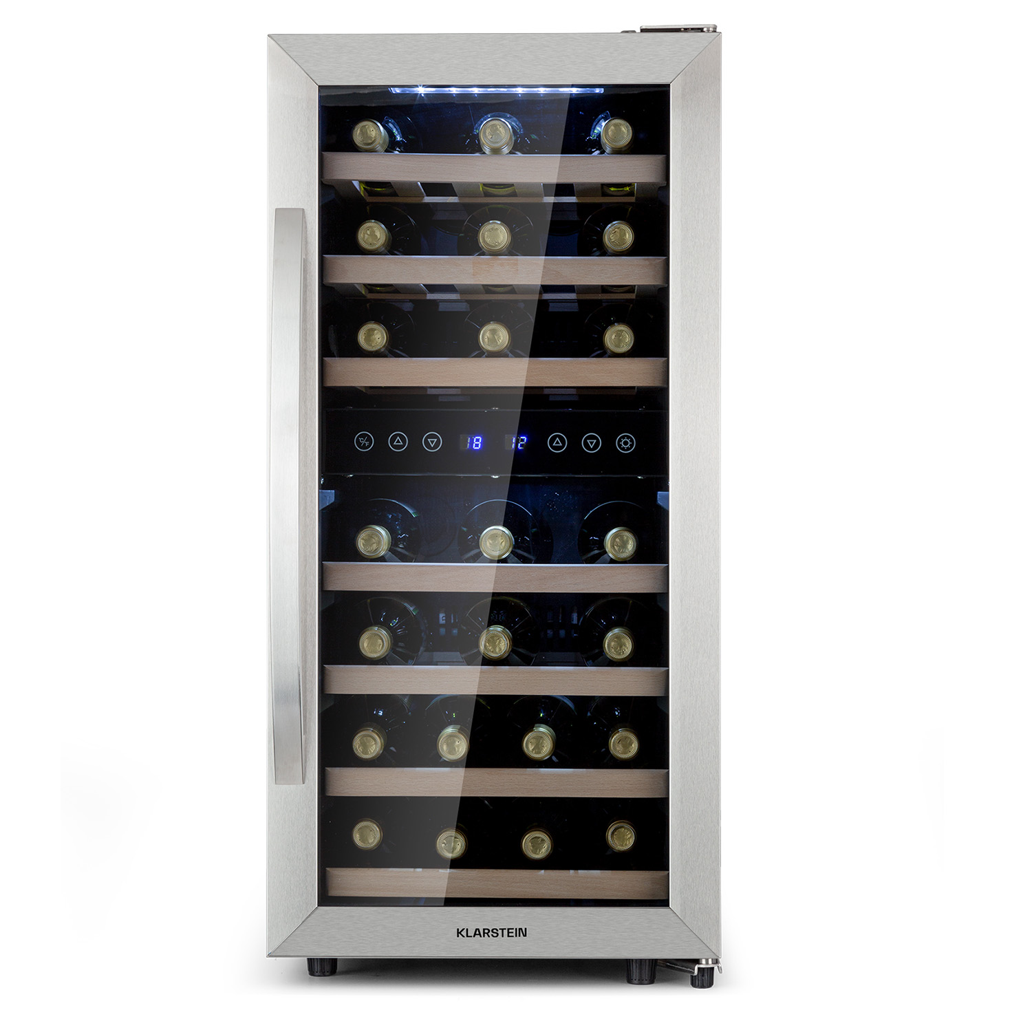 Cantinetta in acciaio inox con porta in vetro e ripiani in legno, bottiglie all'interno.