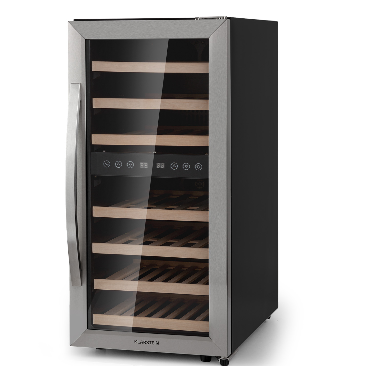 Un refrigeratore per vino in acciaio inossidabile con porta a vetro, che mostra bottiglie di vino all'interno. Cornice e maniglia nere.