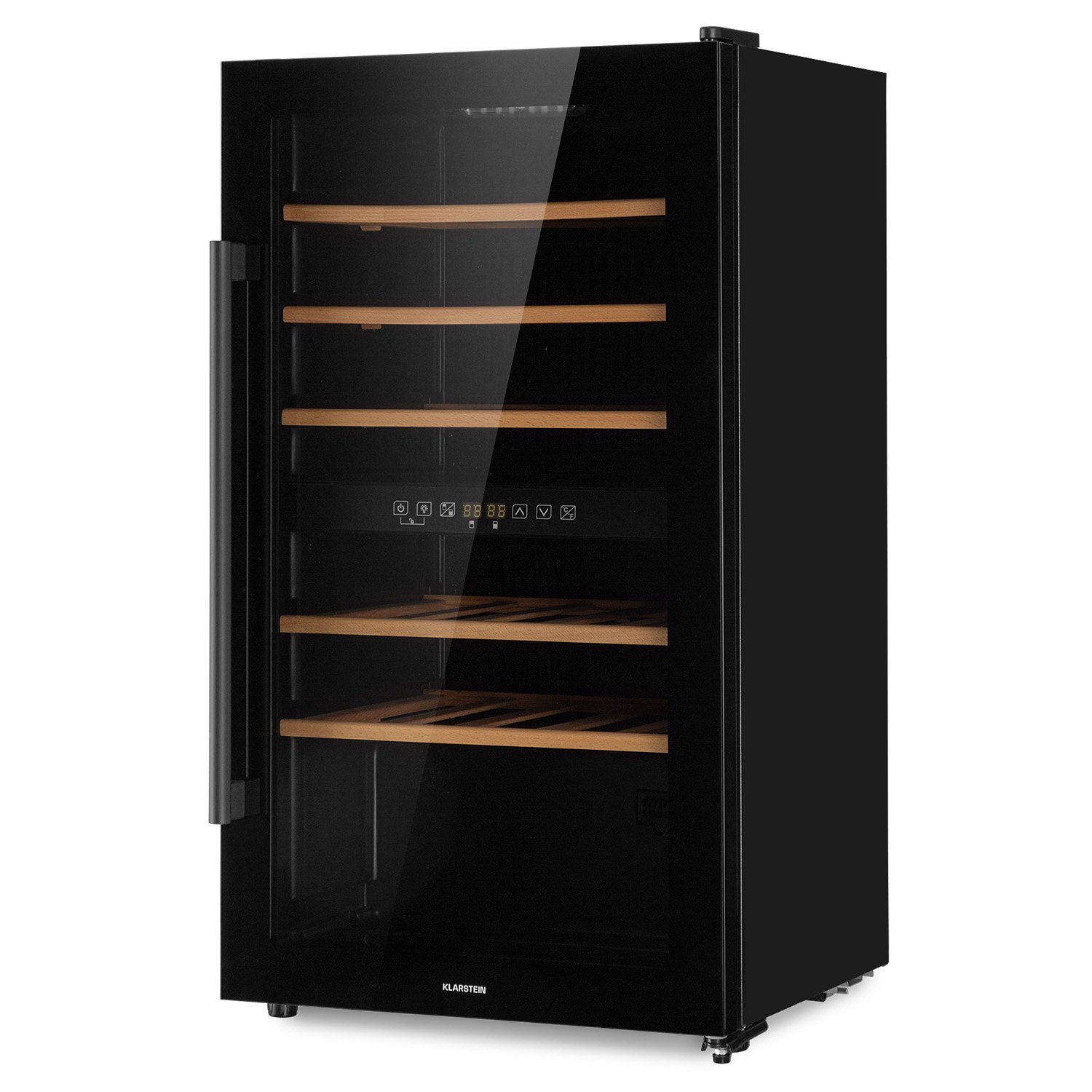 Refrigerador de vino negro con puerta de vidrio, estantes de madera y pantalla digital.