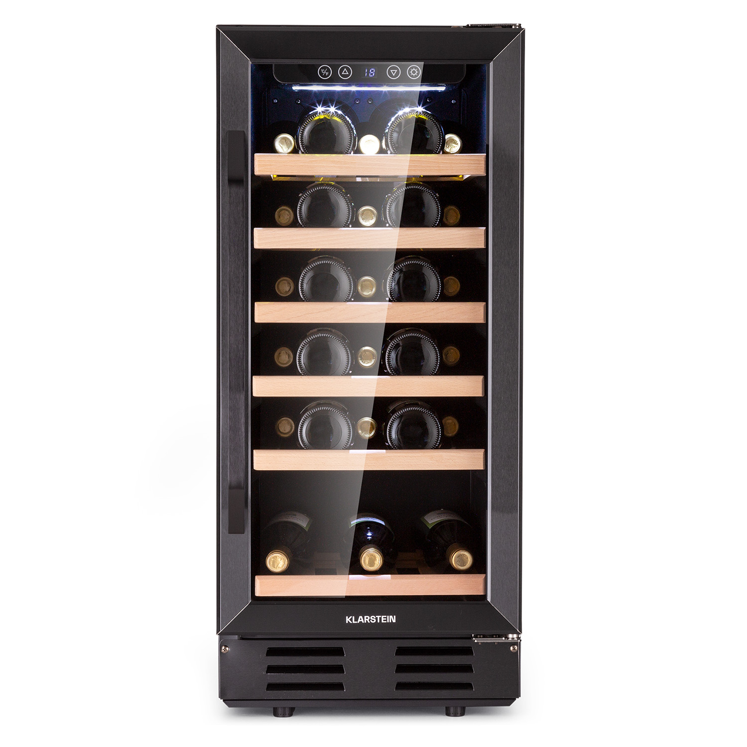 Una cantinetta per vini nera con diverse bottiglie visibili attraverso la porta a vetro.
