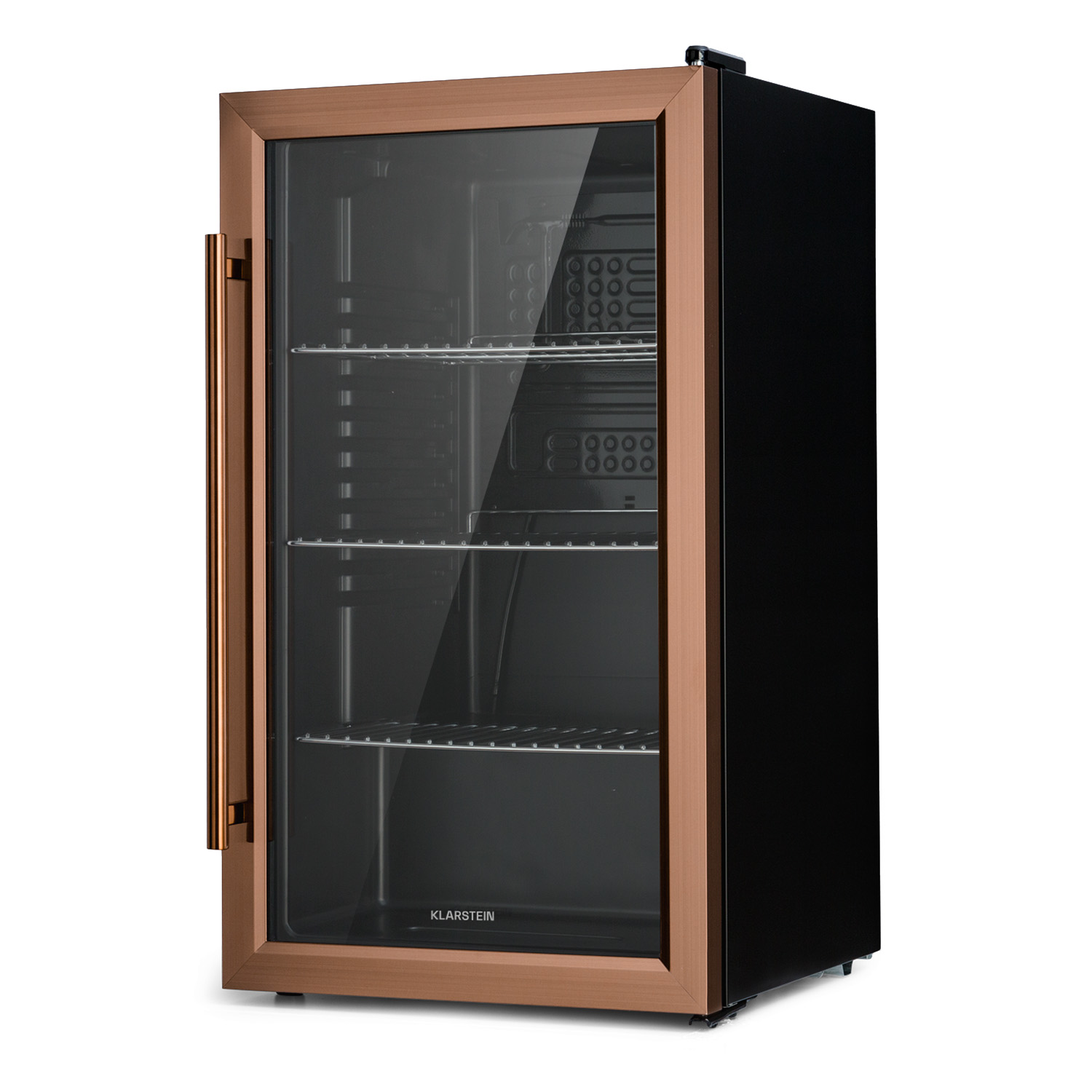 Un refrigerador de vino negro y bronce con puerta de vidrio, tres estantes y un asa.