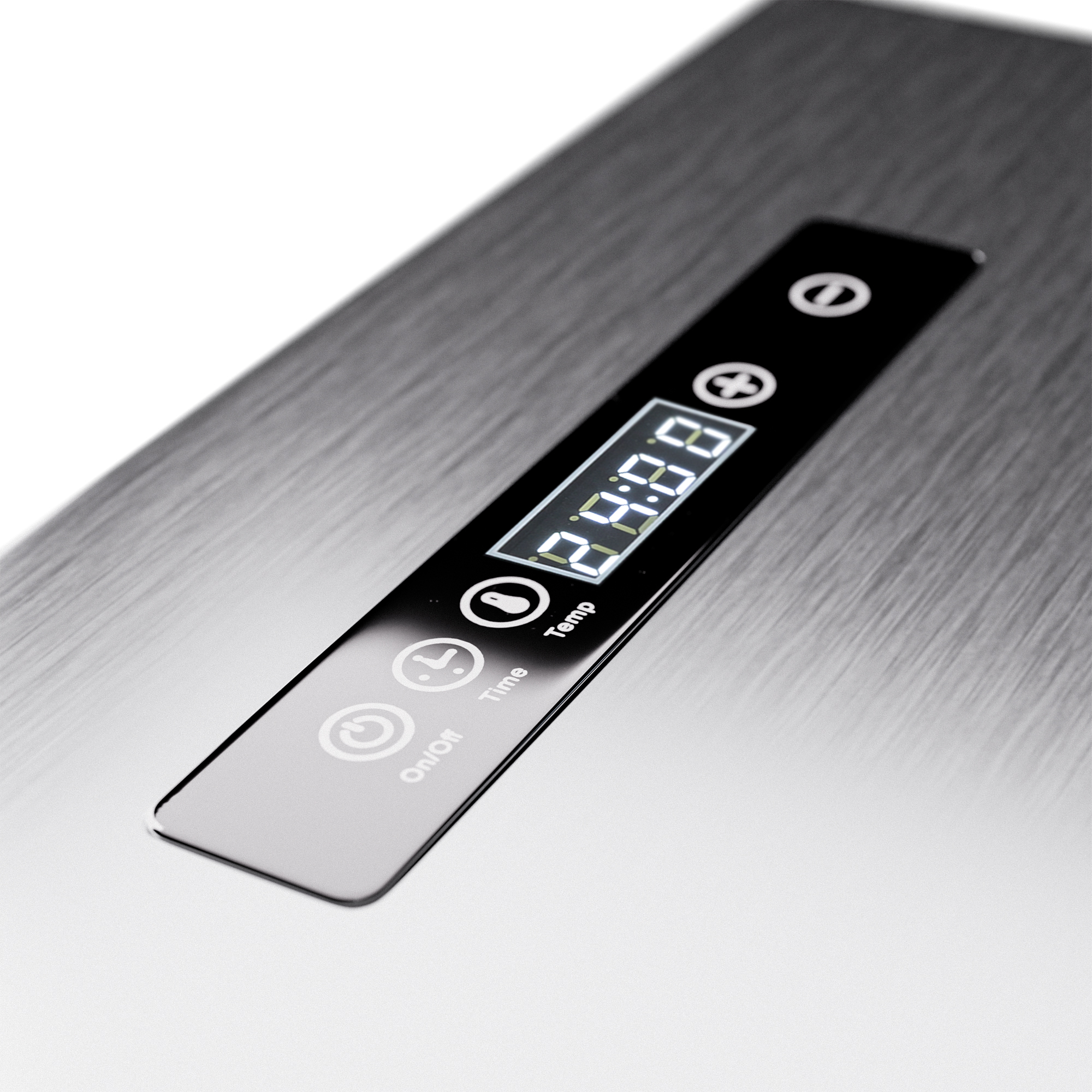 Primo piano di un display digitale con numeri e pulsanti su una superficie argentata.