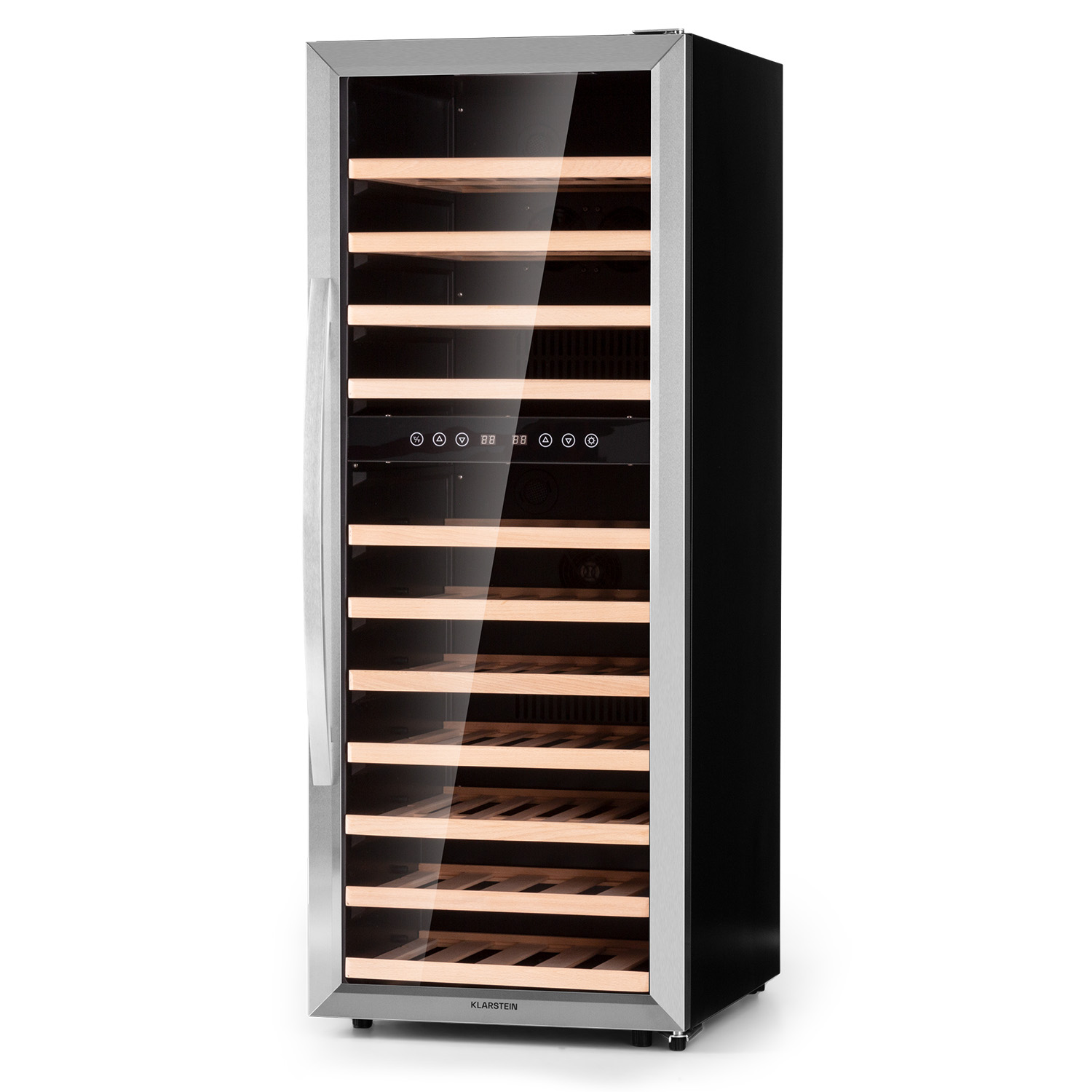 Cantinetta in acciaio inox con ripiani in legno e display digitale.