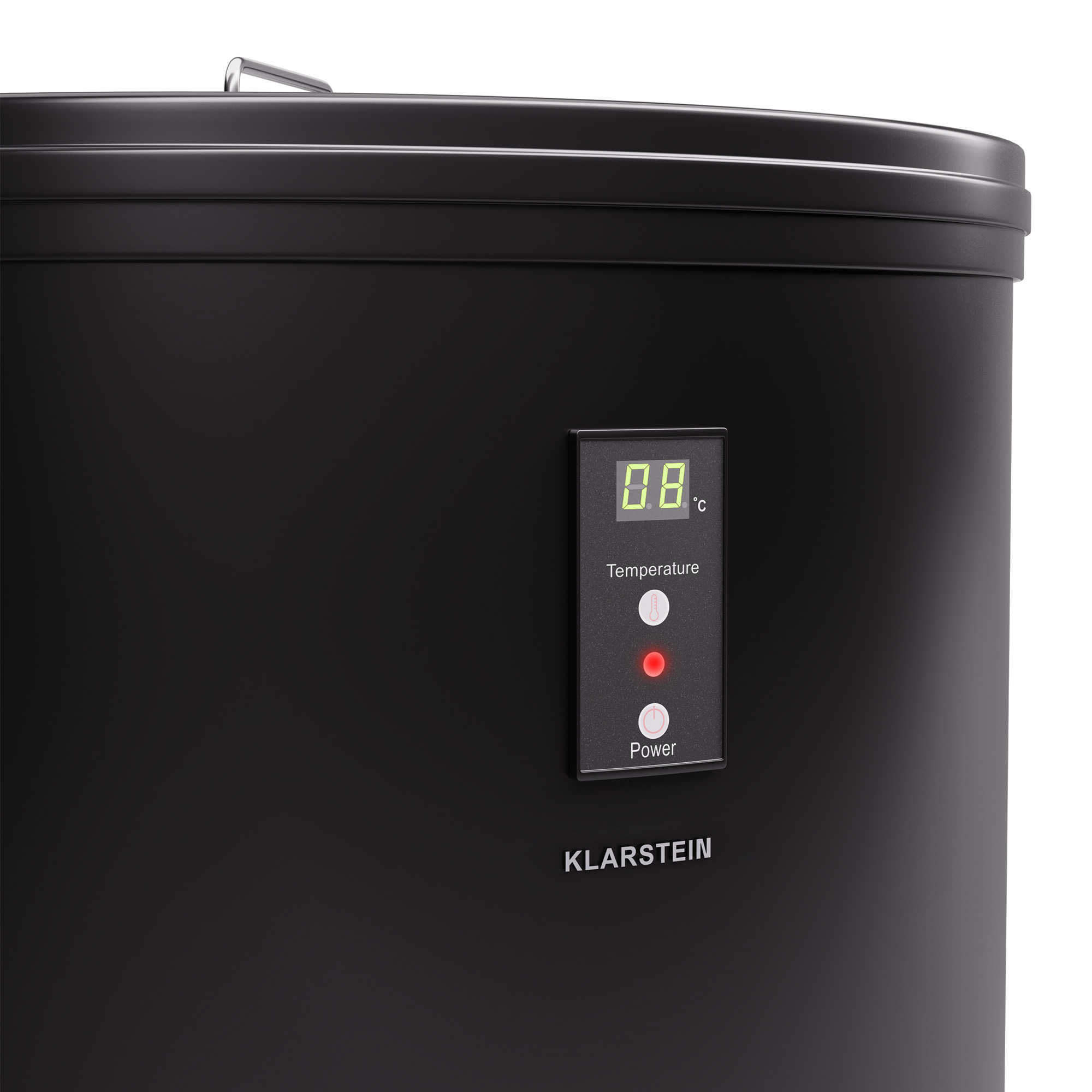 Schwarzes Gerät mit Digitalanzeige, Temperatur und Stromindikatoren.