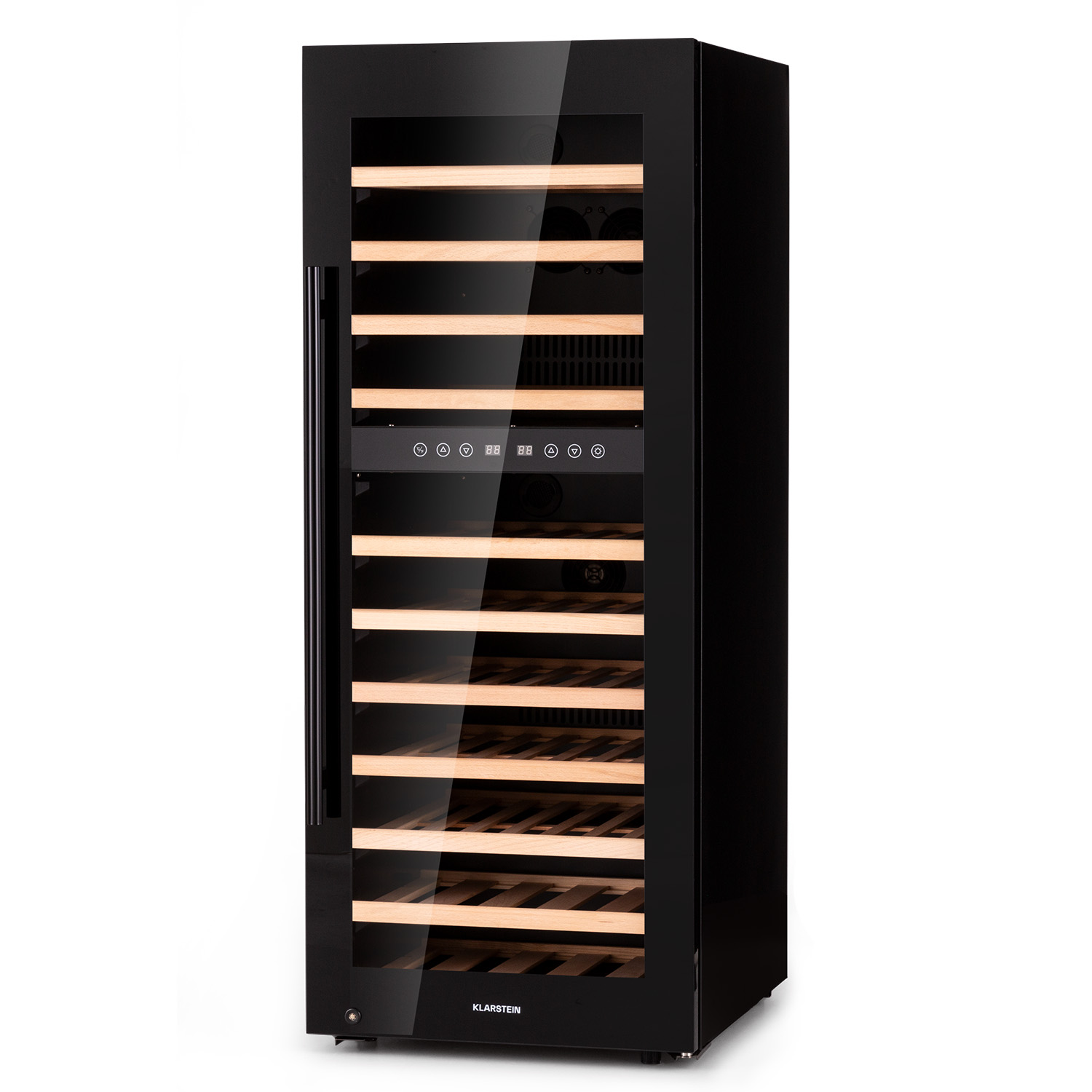 Cantinetta nera con porta a vetro, che mostra ripiani in legno, luci interne e un pannello di controllo. C'è una maniglia sul lato.