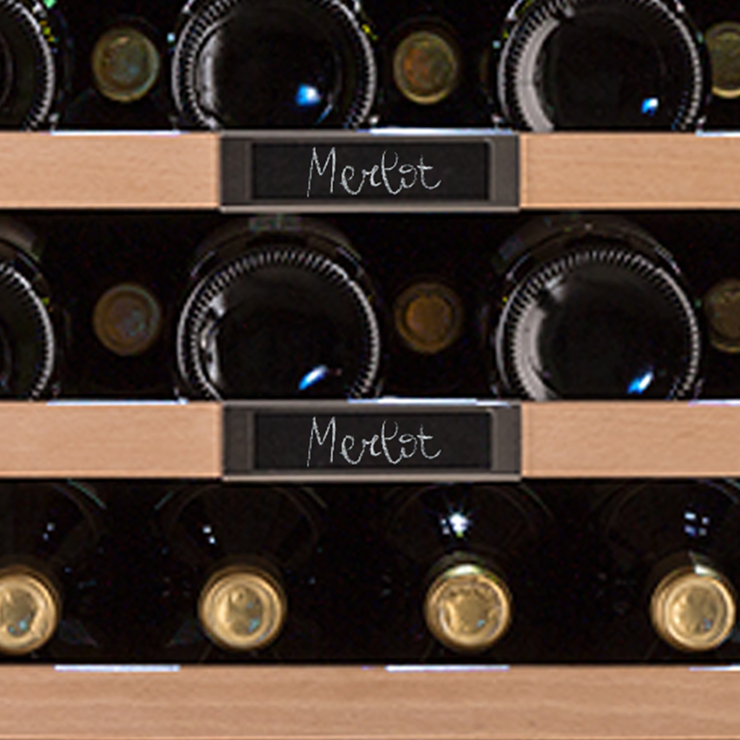 Regale mit Weinflaschen, mit 'Merlot'-Etiketten, in einem Weinregal.