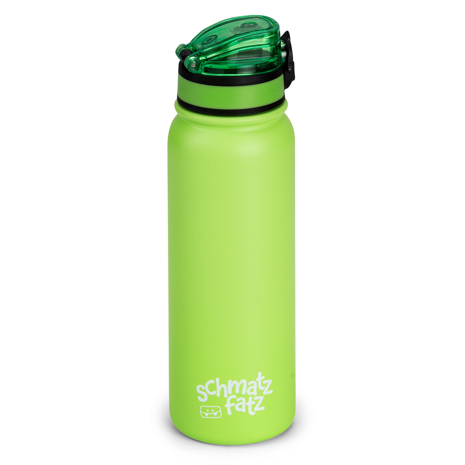 Eine hellgrüne Wasserflasche mit schwarzem Deckel und dem Logo 'schmatz fatz'.