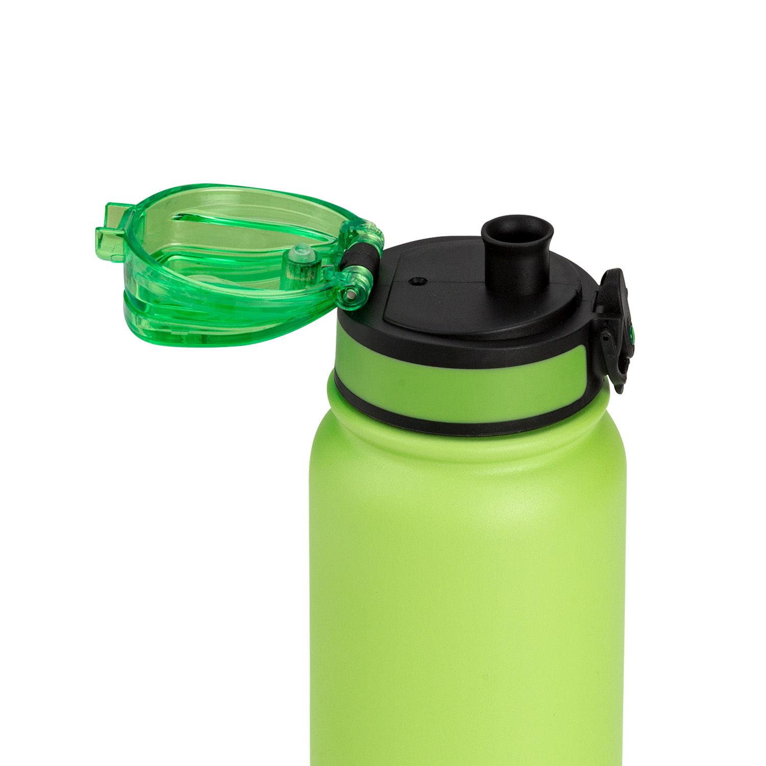 Grüne Wasserflasche mit offenem Deckel. Schwarzer und grüner Deckel. Weißer Hintergrund.