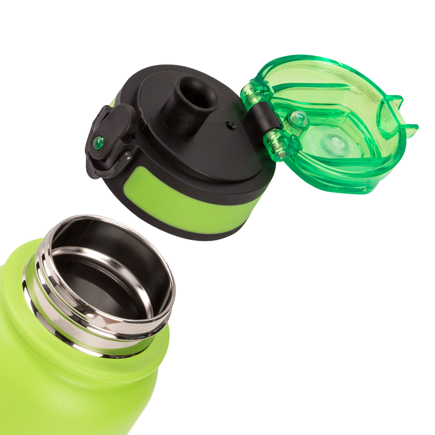 Grüne Wasserflasche mit geöffnetem schwarz-grünem Deckel. Die Flasche ist leer.