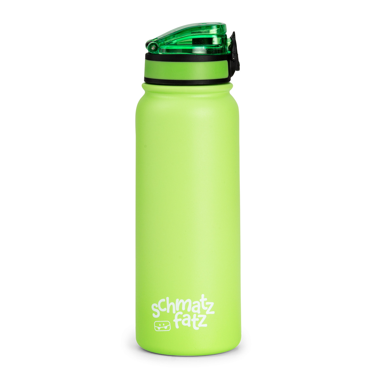 Grüne Wasserflasche mit schwarzem Deckel. Aufdruck 'schmatz fatz'. Weißer Hintergrund.