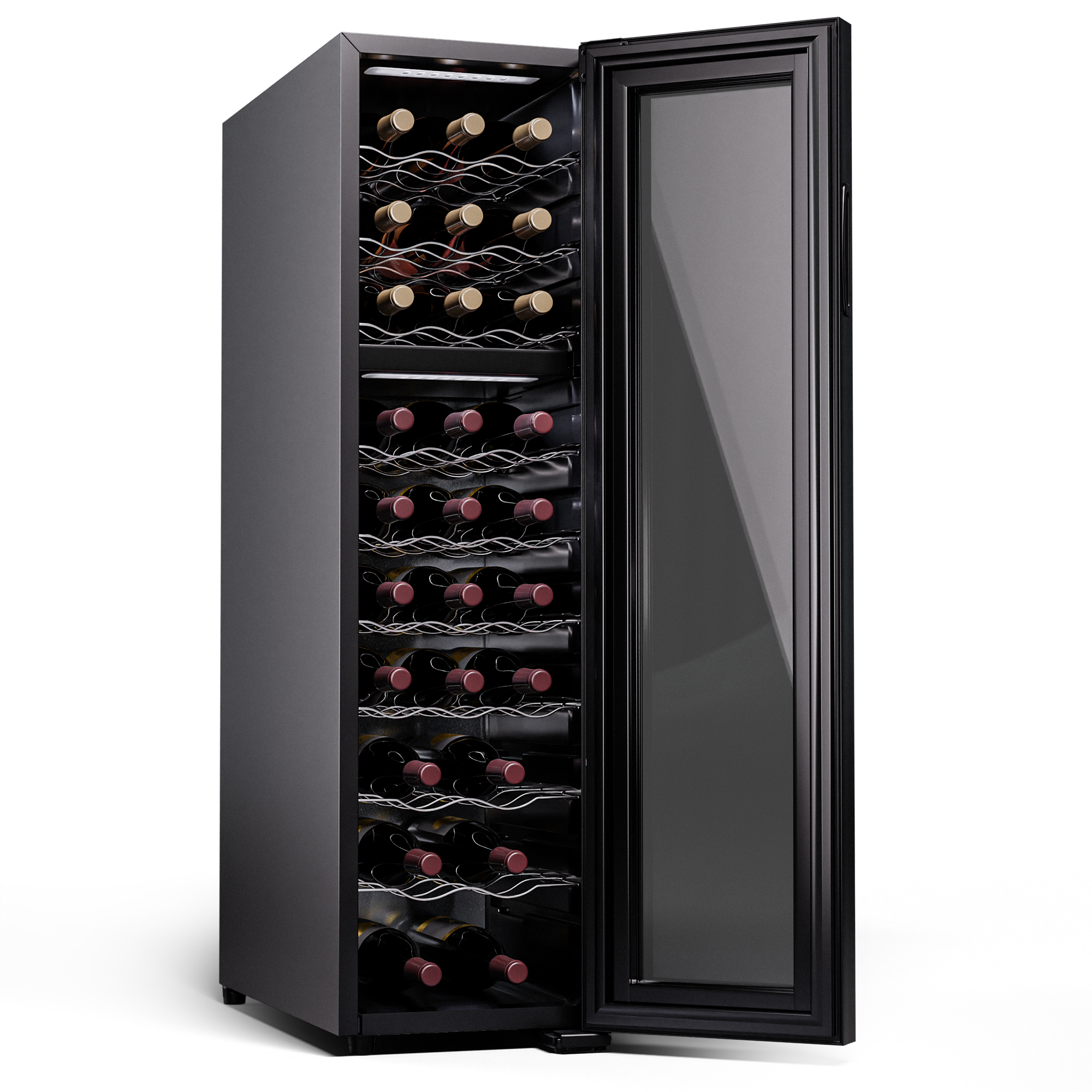 Un refrigeratore per vino con diverse bottiglie di vino all'interno, aperto con la porta socchiusa.