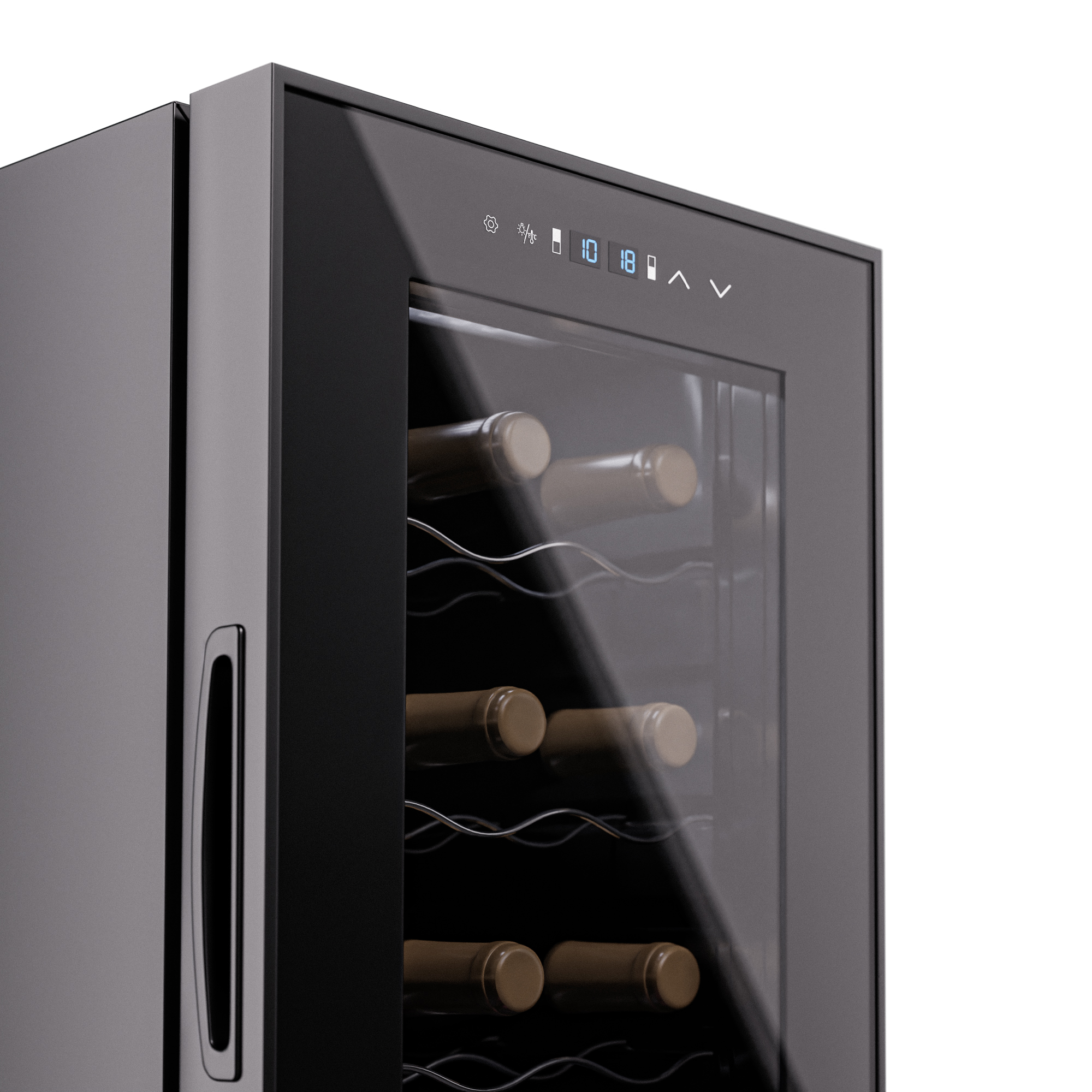 Un refrigeratore per vino nero con porta a vetro. All'interno sono visibili diverse bottiglie di vino.