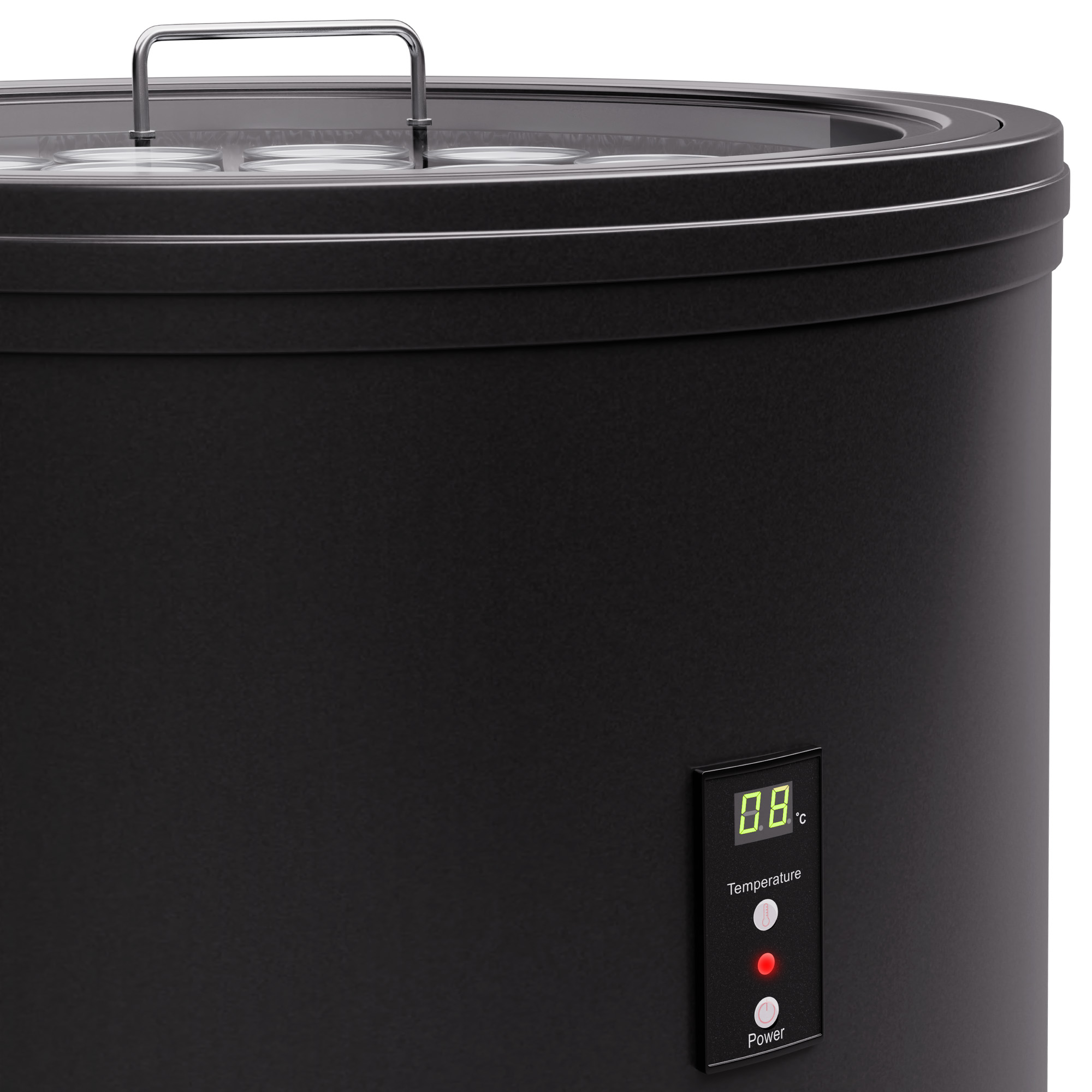 Frigorifero nero con display digitale che mostra la temperatura e spie di alimentazione.