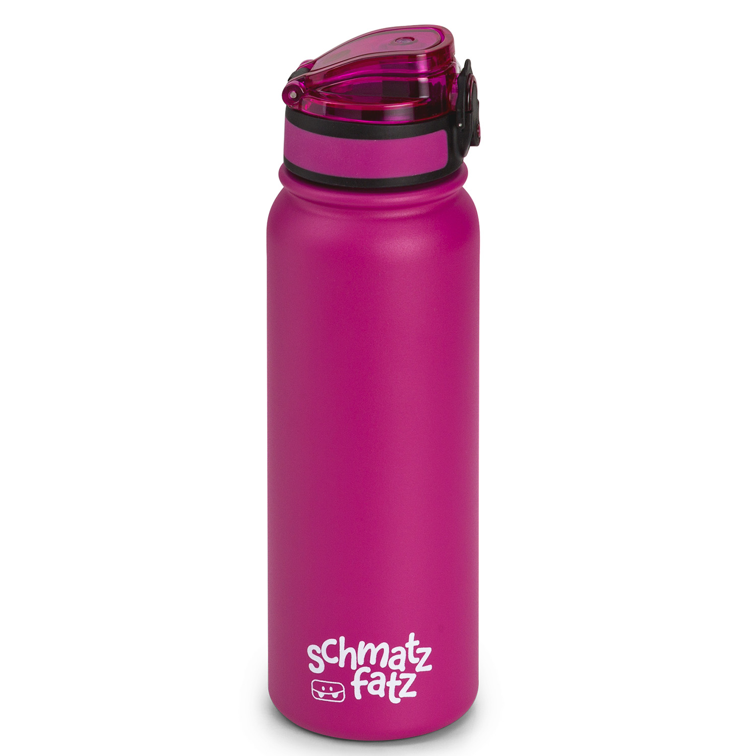 Borraccia rosa con tappo nero e logo. Sfondo bianco.