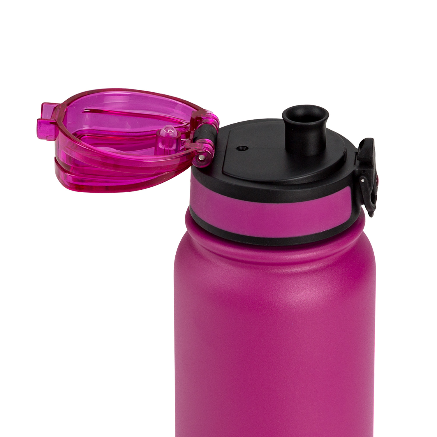Borraccia rosa con coperchio aperto. Tappo e parte superiore neri. Sfondo bianco.