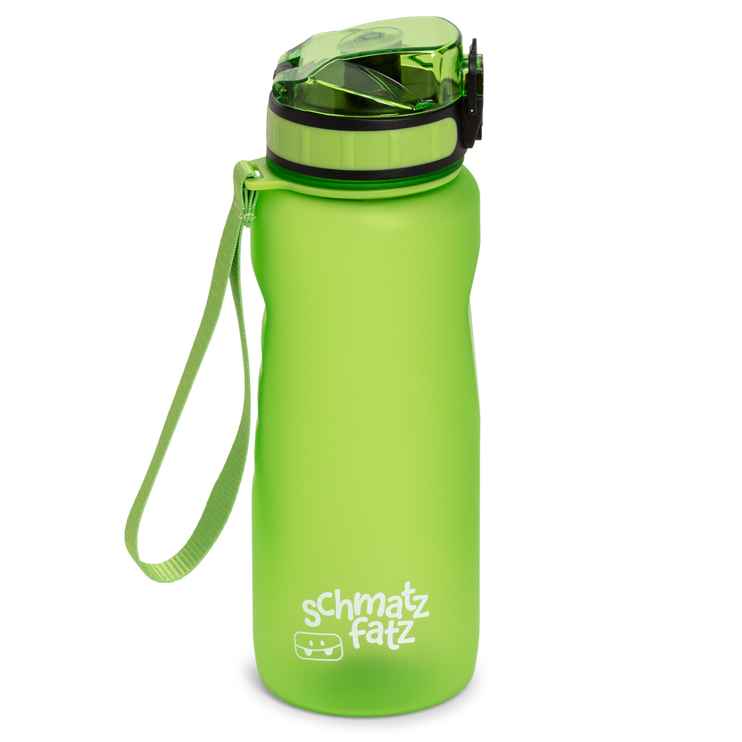 Grüne Wasserflasche mit grünem Deckel und Riemen, mit dem Wort 'schmatz fatz'.