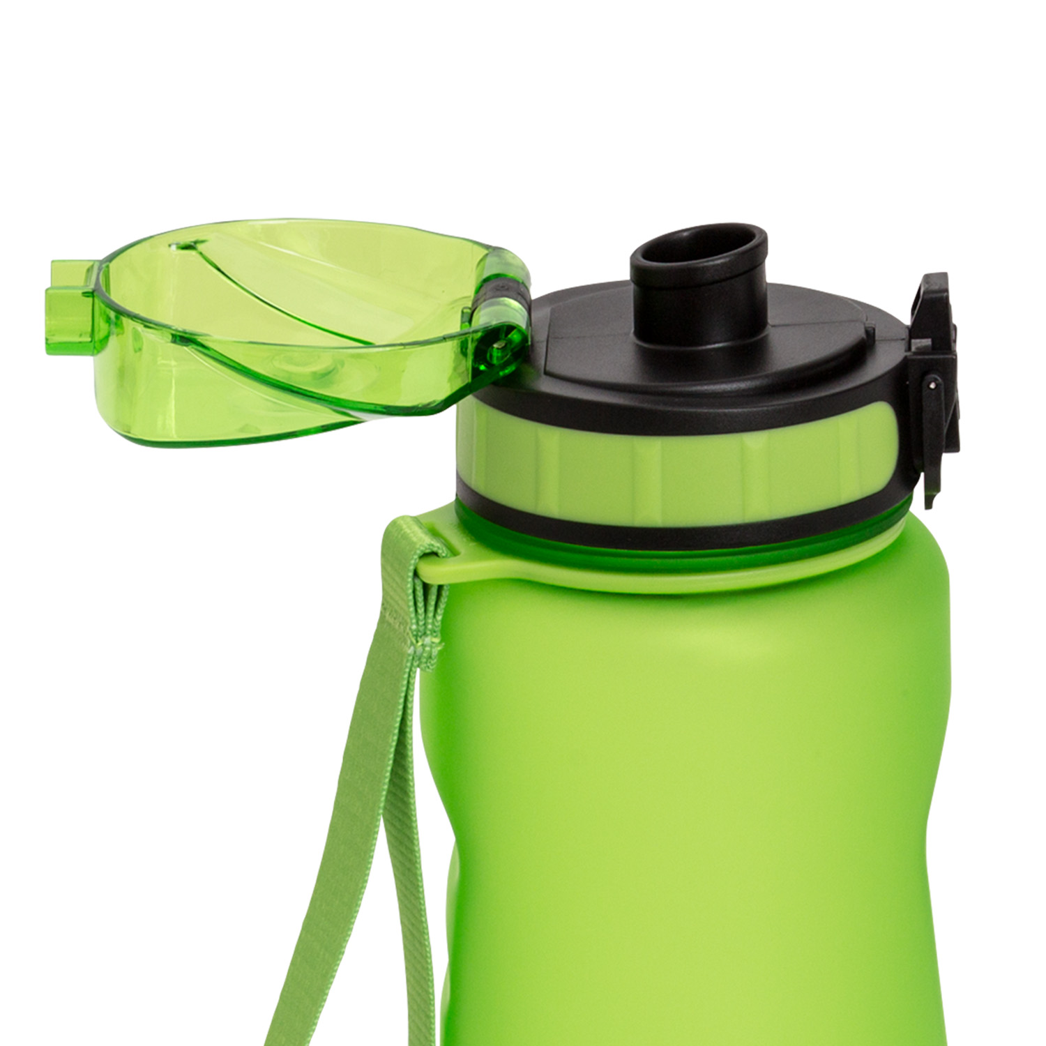 Nahaufnahme einer grünen Wasserflasche mit geöffnetem Deckel.