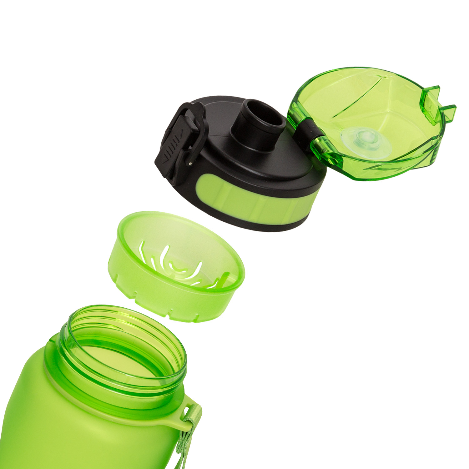Grüne Wasserflasche zerlegt, Teile und Konstruktion zeigend.
