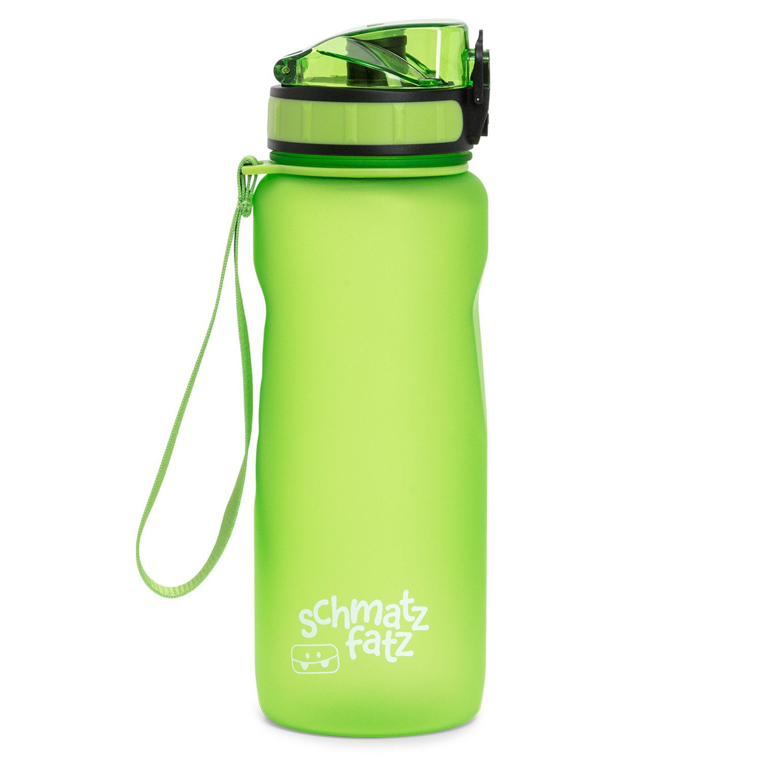 Eine grüne Wasserflasche mit grünem Griff und Deckel.