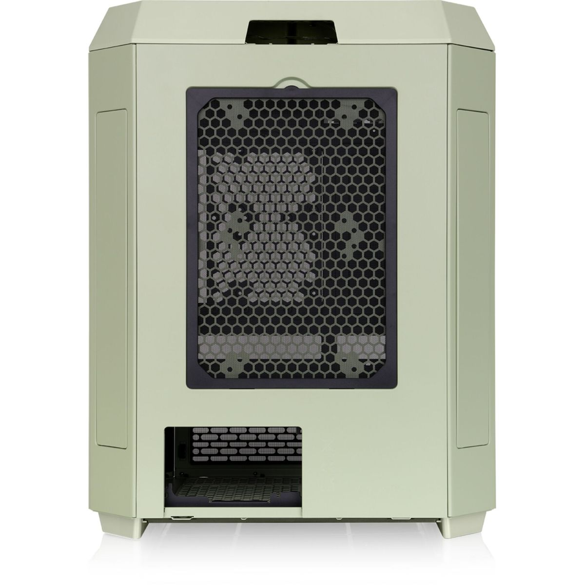 Case PC verde, vista posteriore. Retro perforato, con una grande griglia a nido d'ape. Bianco.