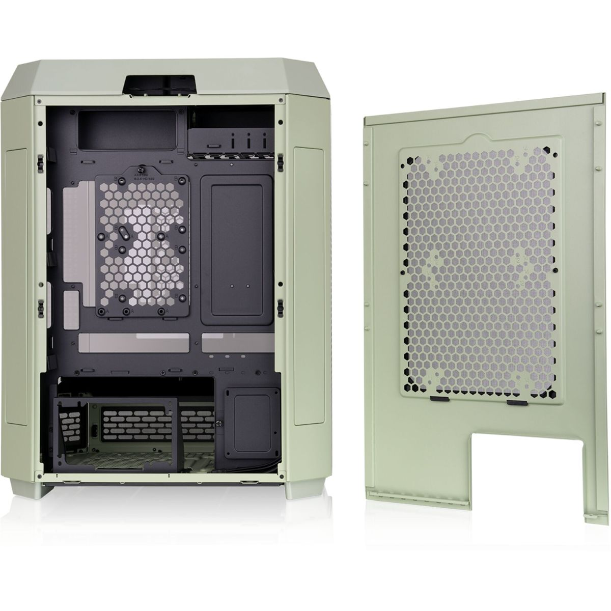 Case PC aperto con pannello laterale rimovibile, colore verde.
