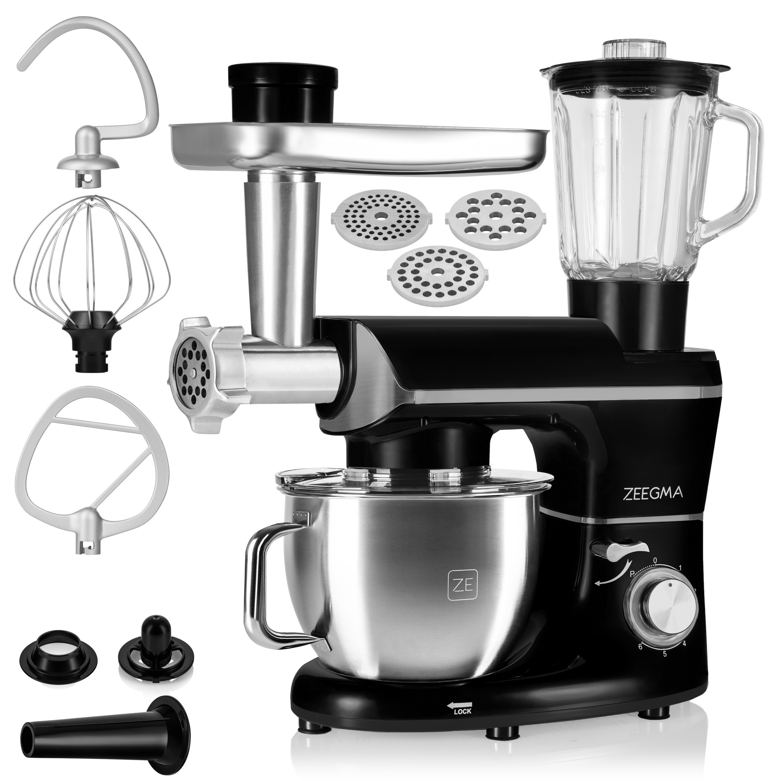 Czarna maszyna kuchenna Zeegma z wieloma załącznikami.