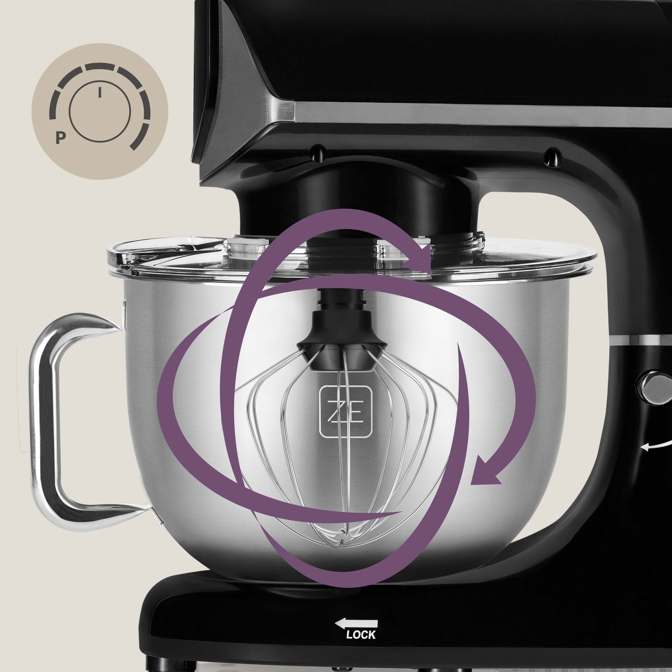 Czarny mikser stojący z misą ze stali nierdzewnej, strzałki wskazujące mieszanie.