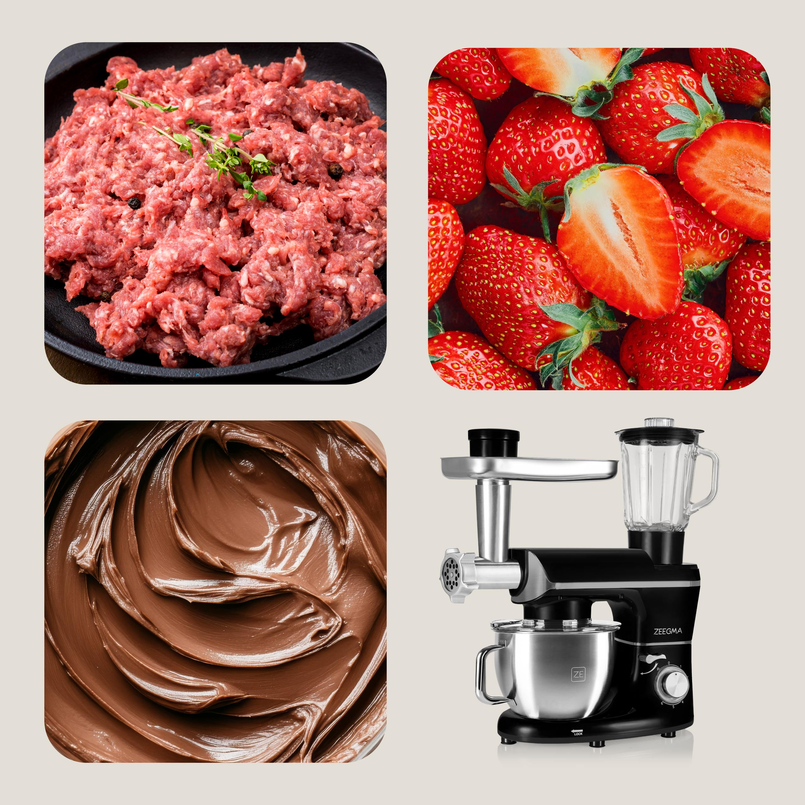 Zestawienie surowej mielonej wołowiny, truskawek, czekolady i robota kuchennego Zeegma.
