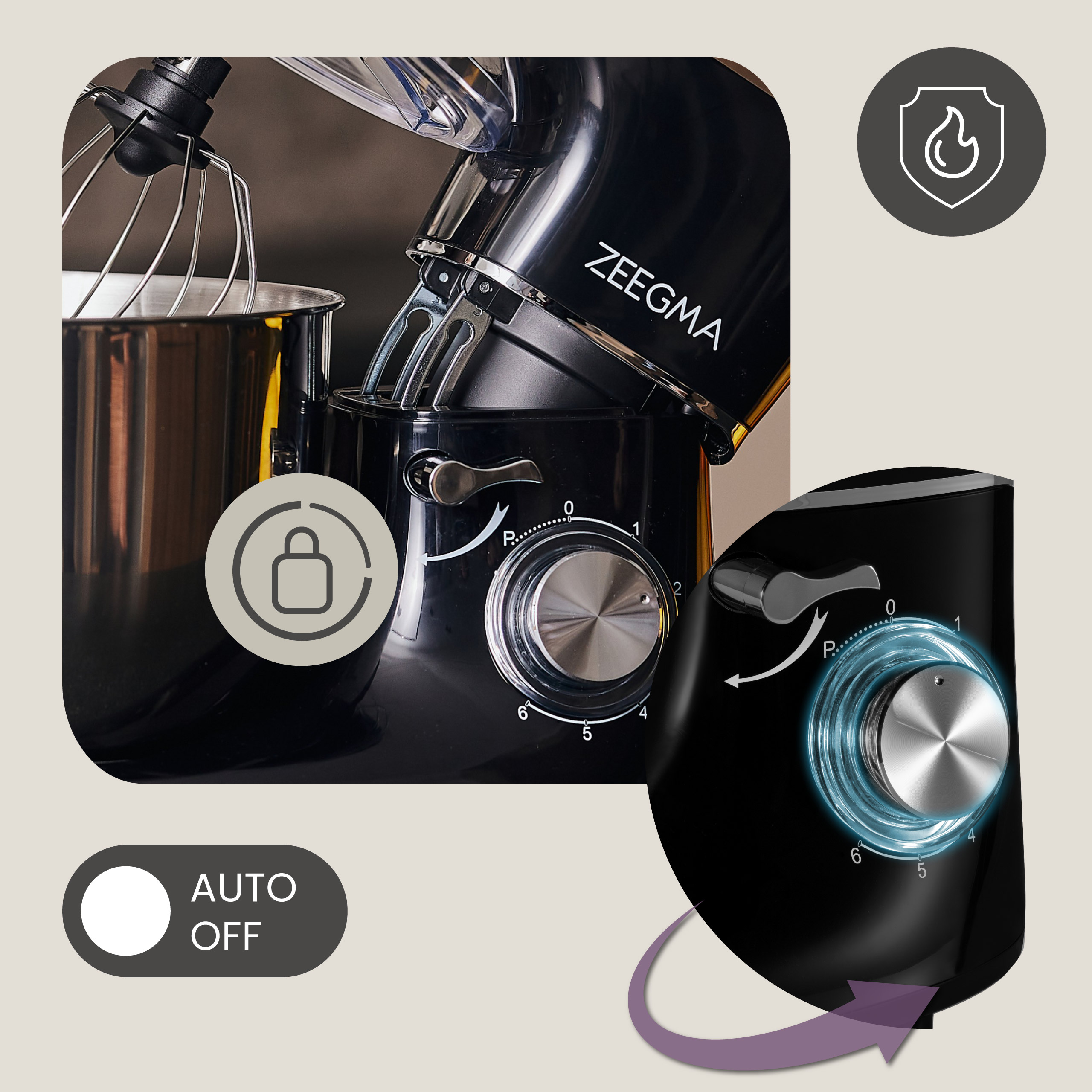 Czarny mikser kuchenny z pokrętłem pokazującym ustawienia i przyciskiem automatycznego wyłączania.