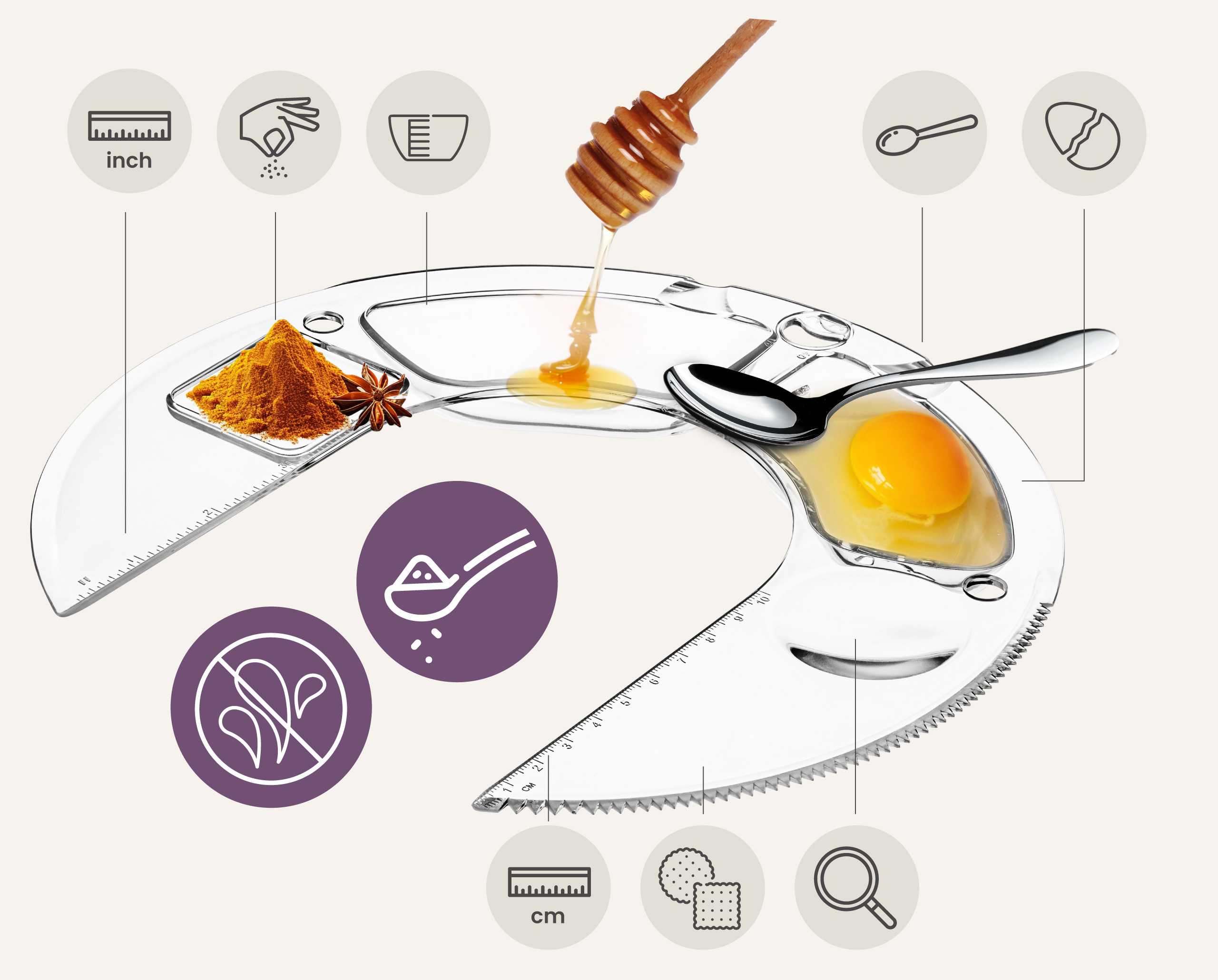 Płyta pomiarowa ze składnikami i narzędziami do gotowania, wyświetlonymi wokół obwodu.