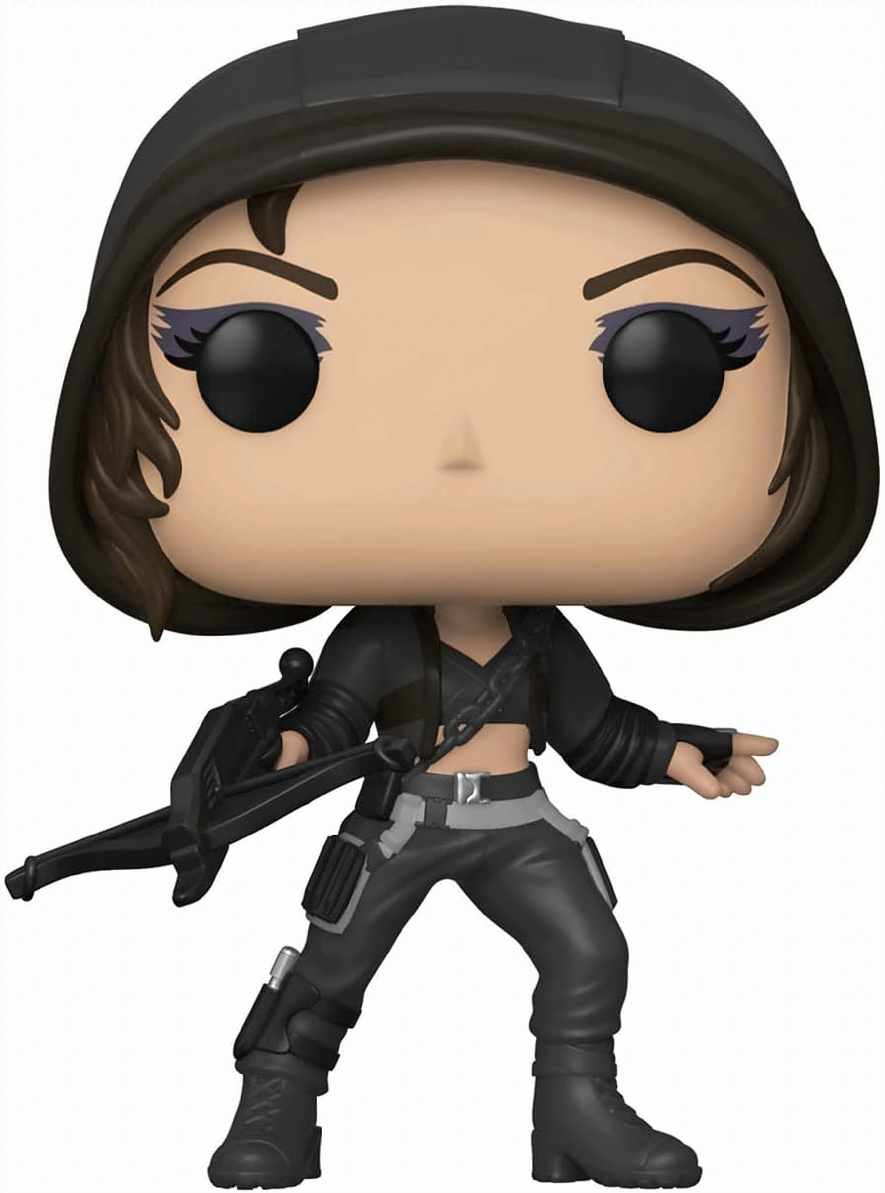Una figura Funko Pop di una donna con una giacca con cappuccio nera, che tiene una balestra.