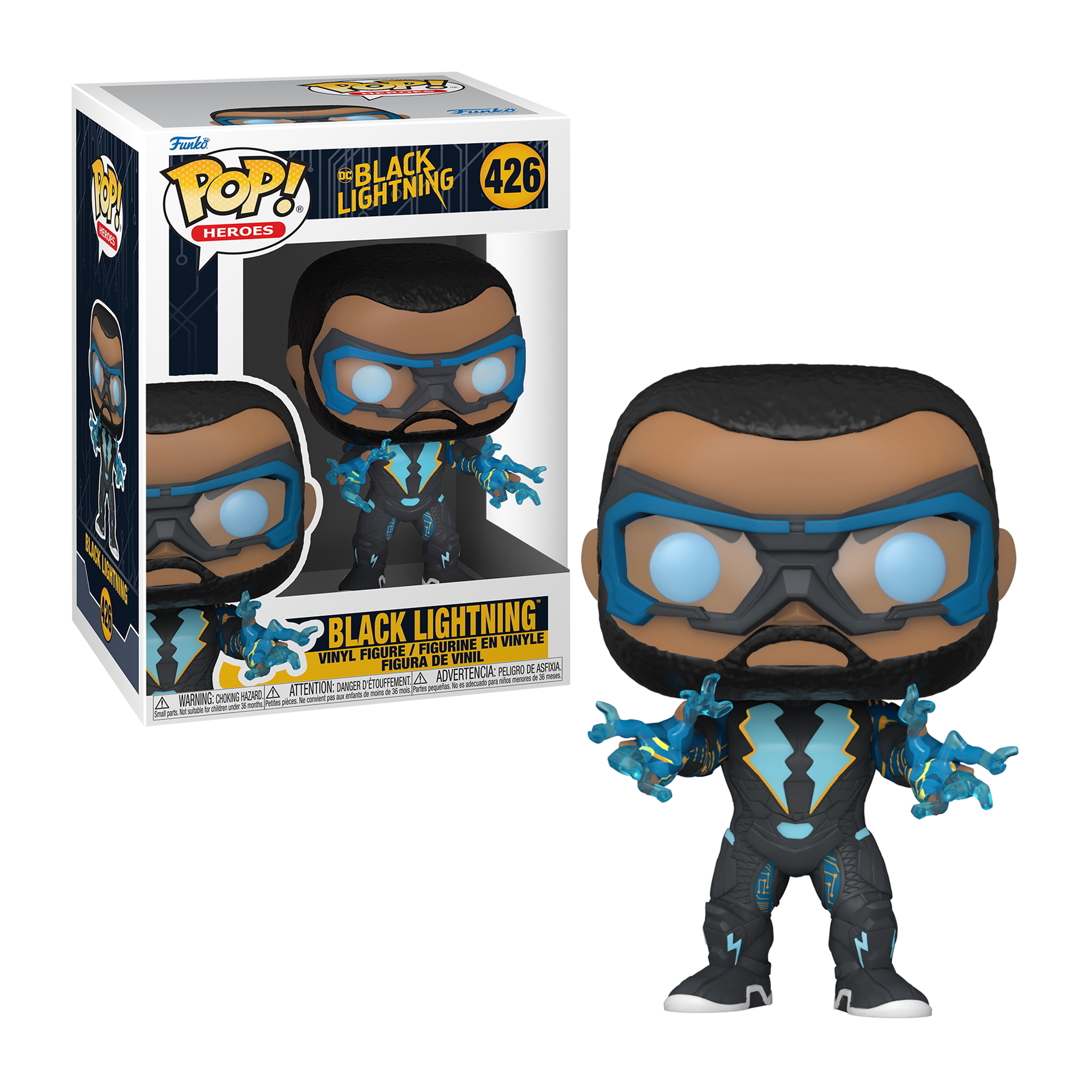 Figura Funko Pop de Black Lightning, en caja y fuera. Colores negro y azul.