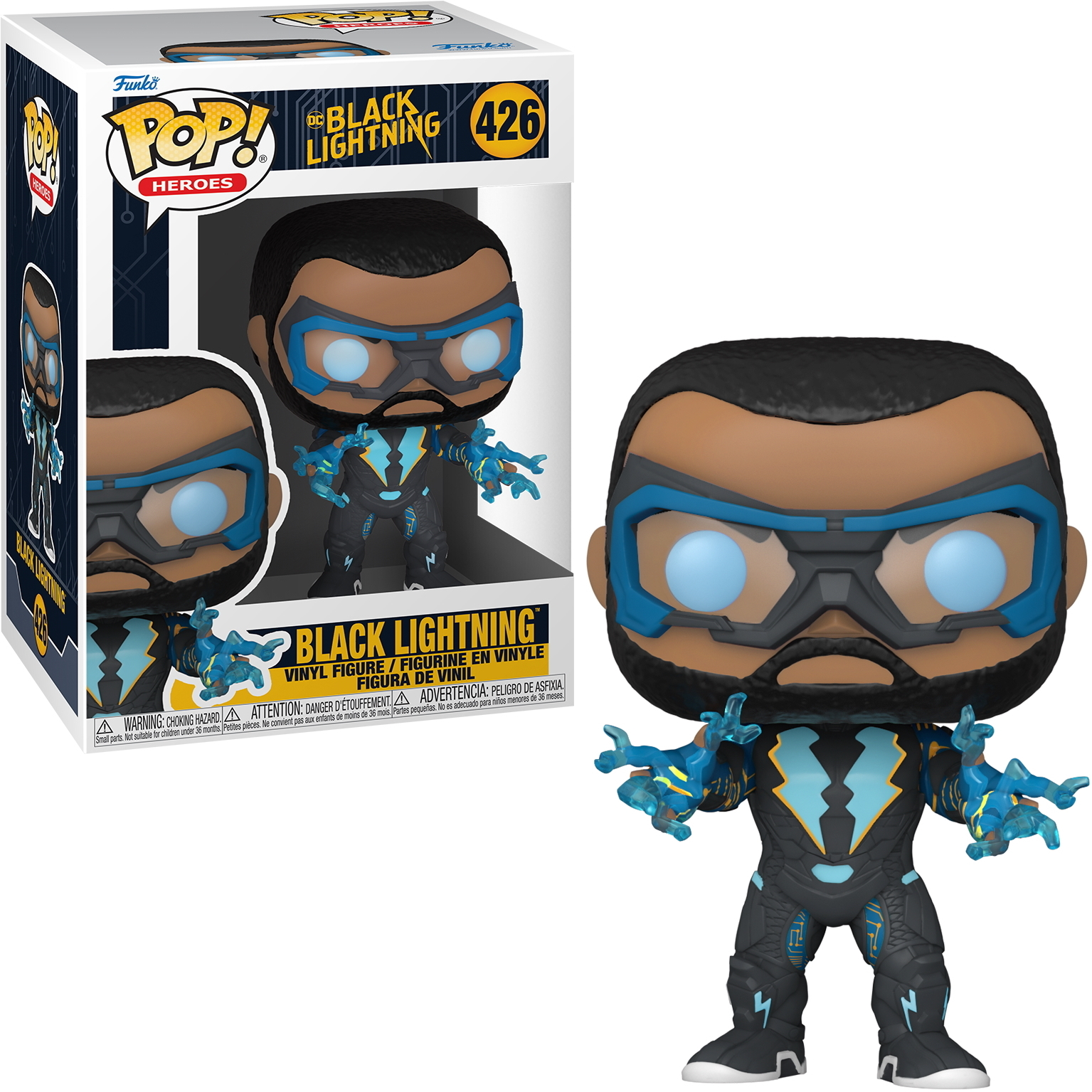 Figura de Black Lightning Funko Pop en caja, la figura de pie frente a la caja.