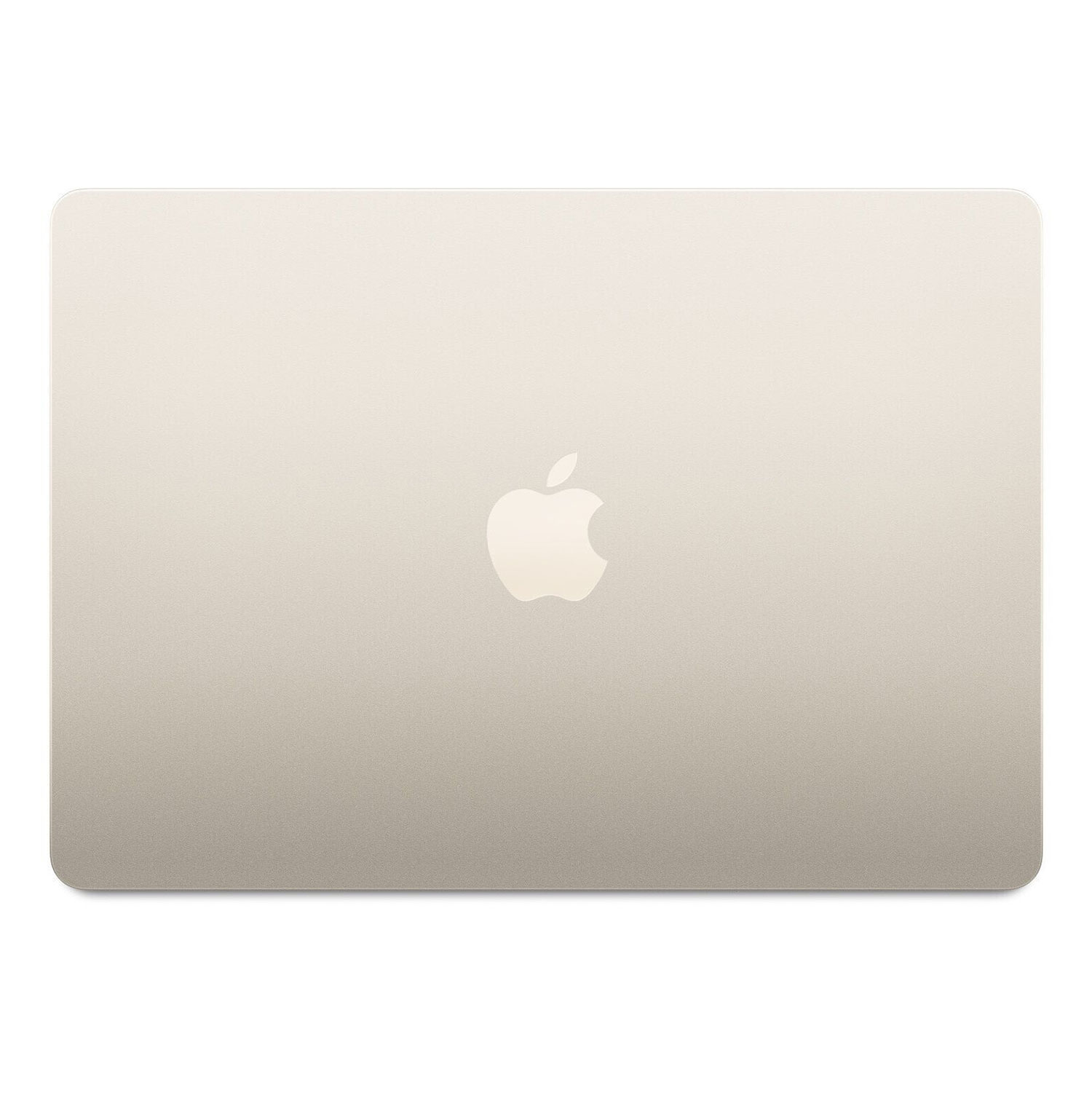 Der geschlossene Deckel eines Laptops in hellbeiger Farbe. Ein Apple-Logo ist mittig auf dem Deckel.