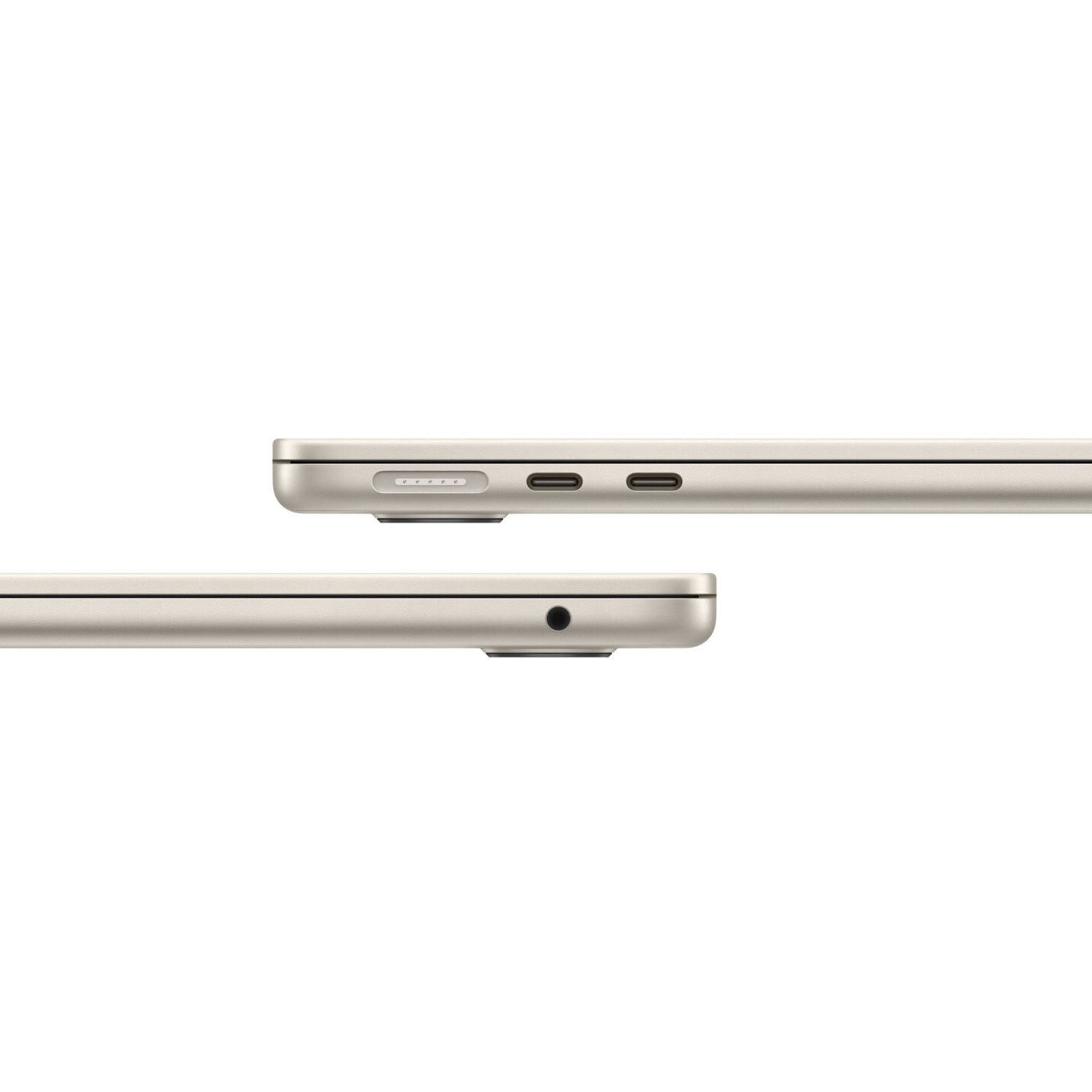 Nahaufnahme der Laptopseite mit Anschlüssen: USB-C, Kopfhöreranschluss. Zwei Geräte, weißer Hintergrund.