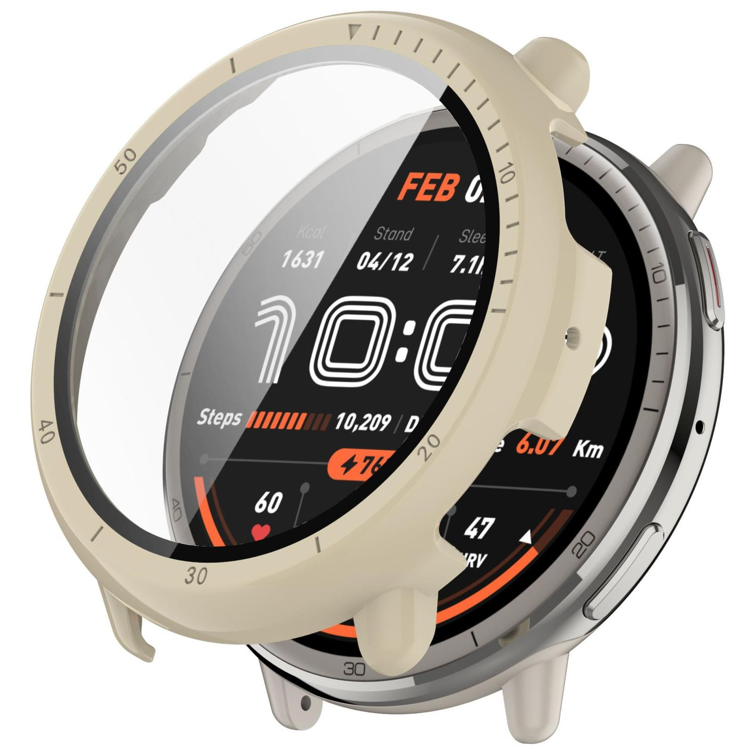 Uno smartwatch con una cover protettiva, che mostra un'interfaccia digitale con ora, passi e metriche di salute.